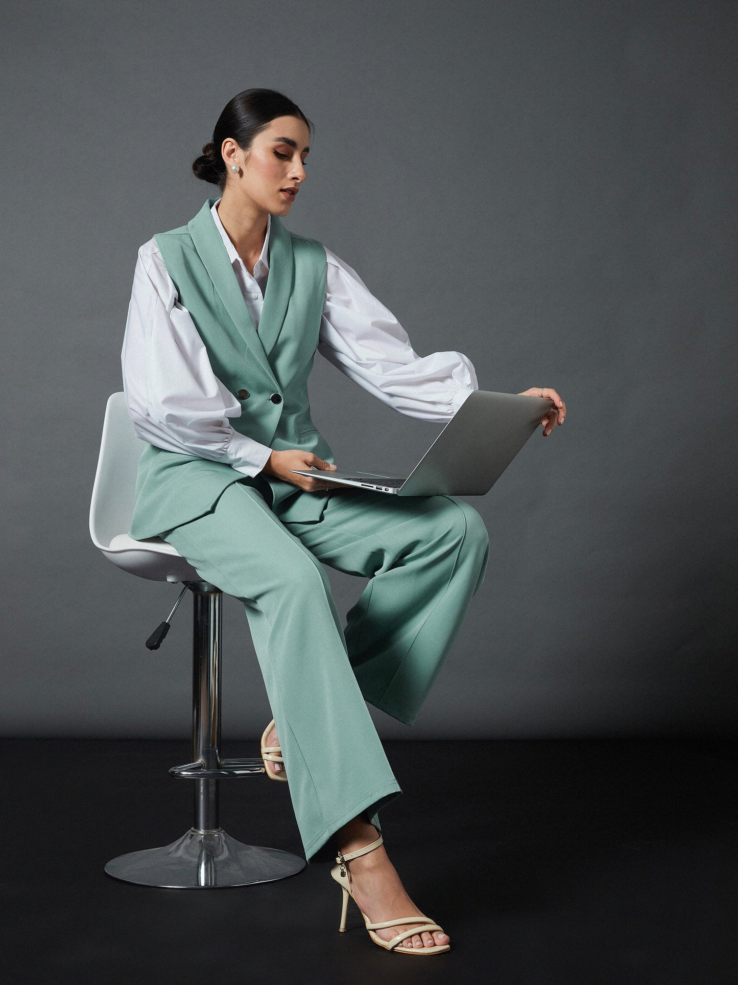 Blue Front Darted Palazzo Pants