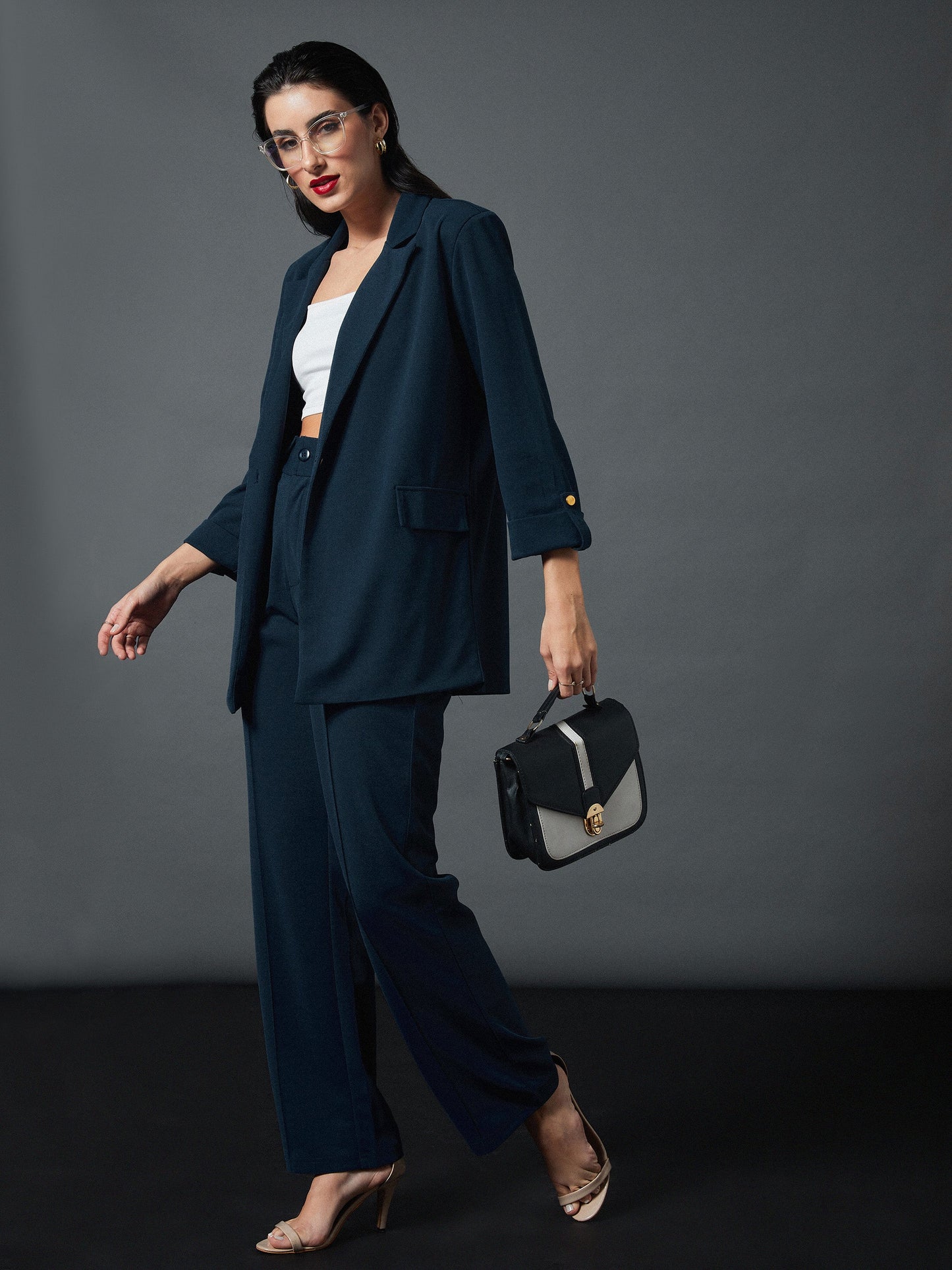 Women Airforce Blue Front Darted Stretchable Pants