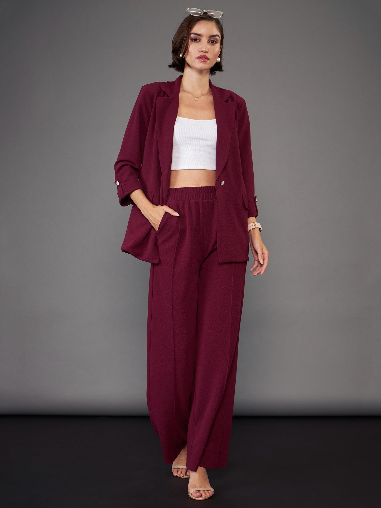 Burgundy Front Darted Palazzo Pants