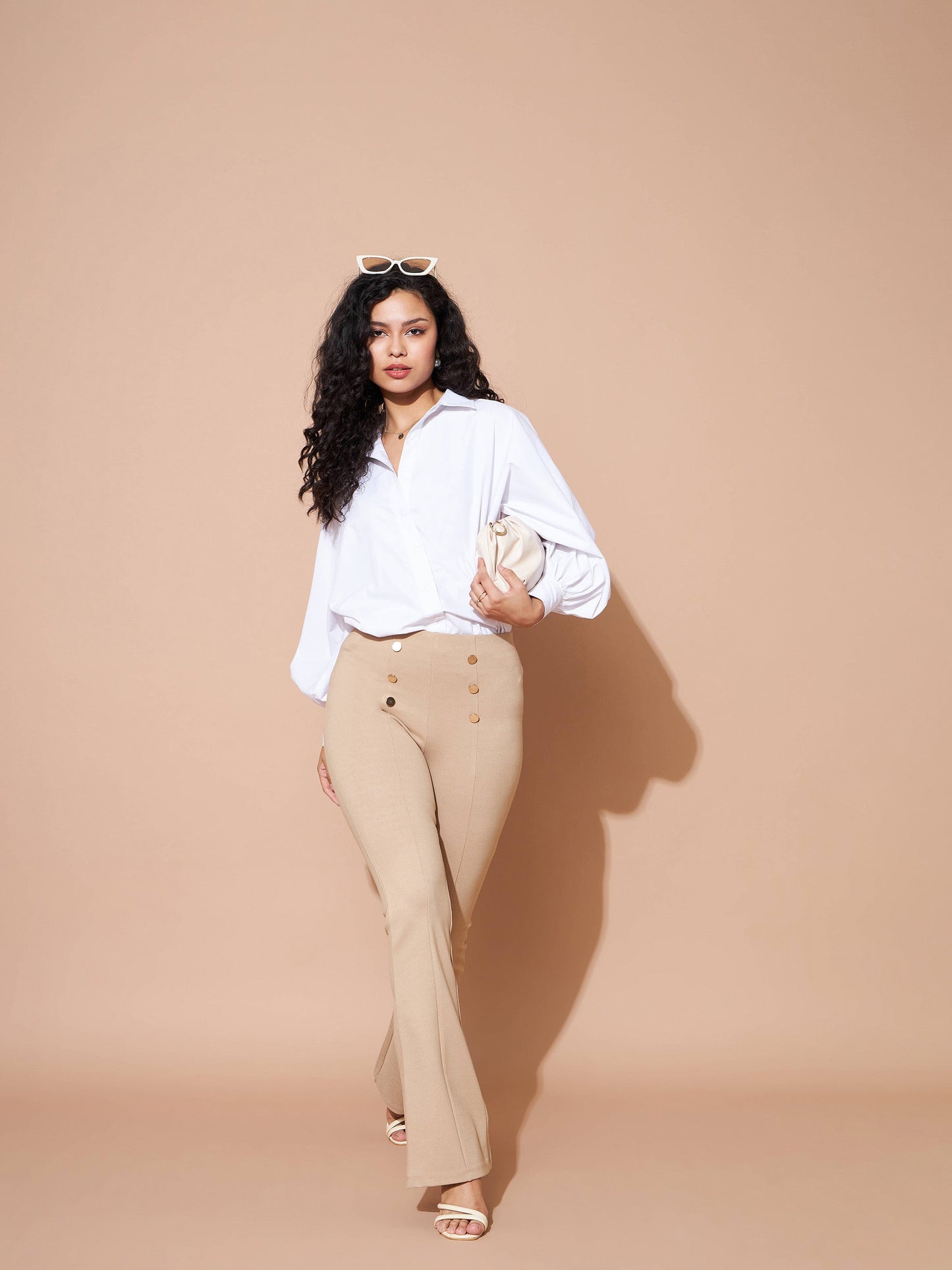 Beige High Waist Gold Show Buttons Pants