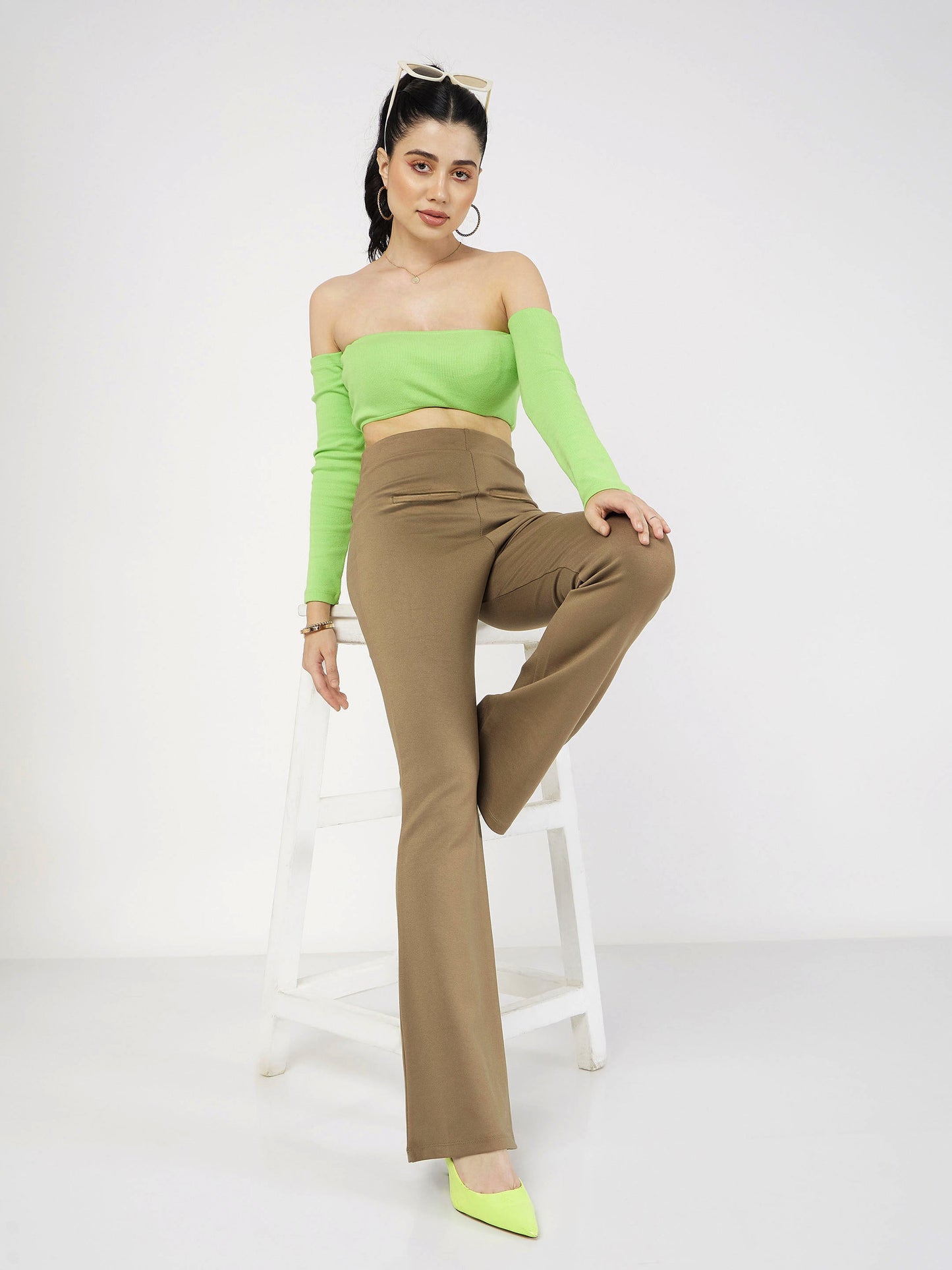 Women Beige Bone Pocket Bell Bottom Pants