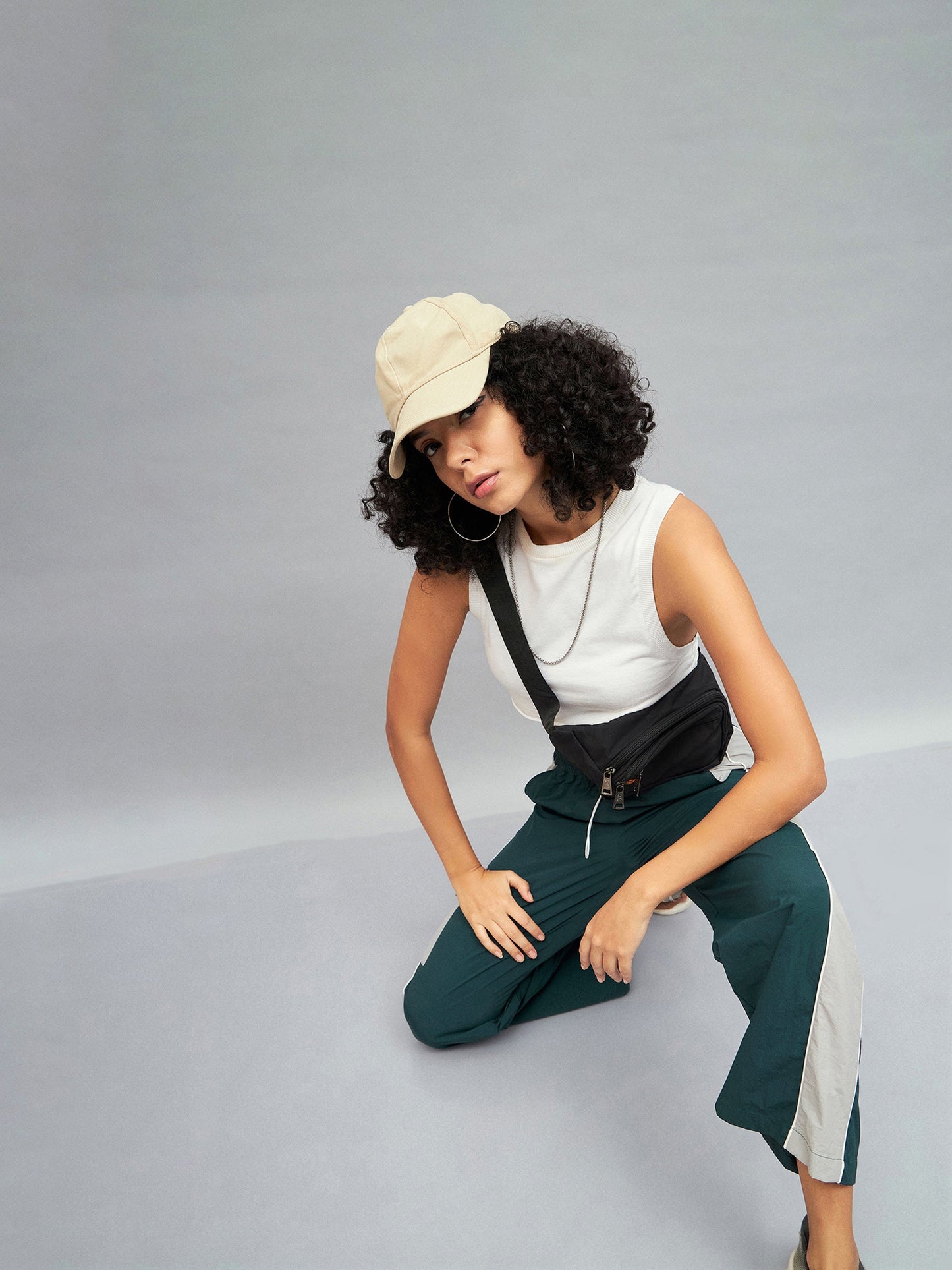 Green Colour Block Cargo Parachute Pants