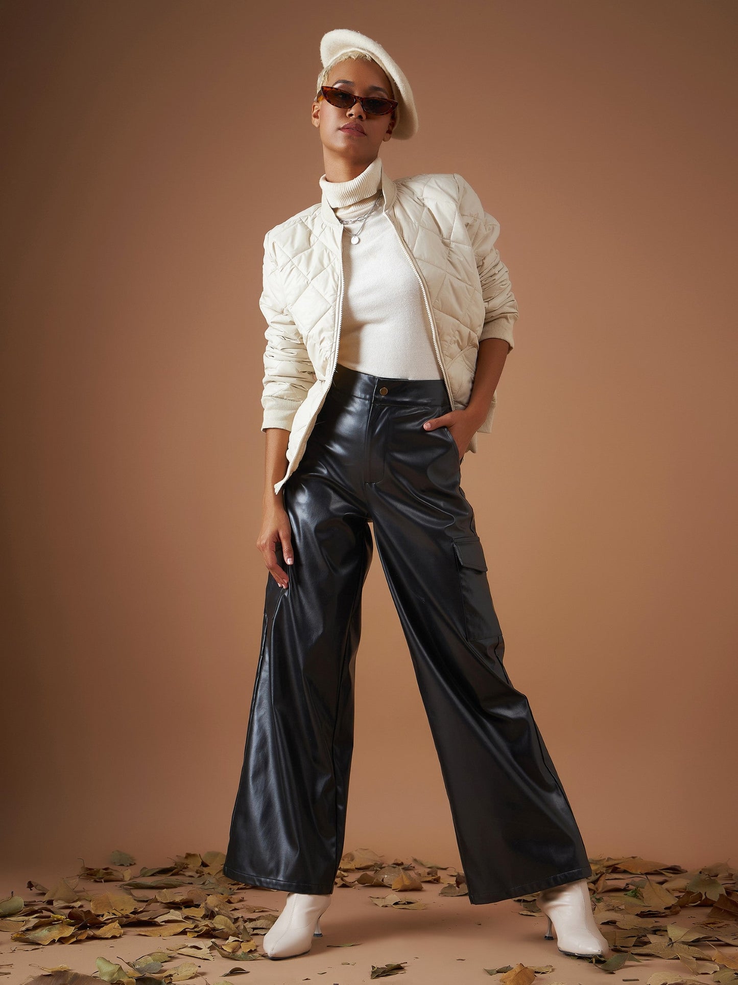 Black PU Flap Pocket Straight Pants