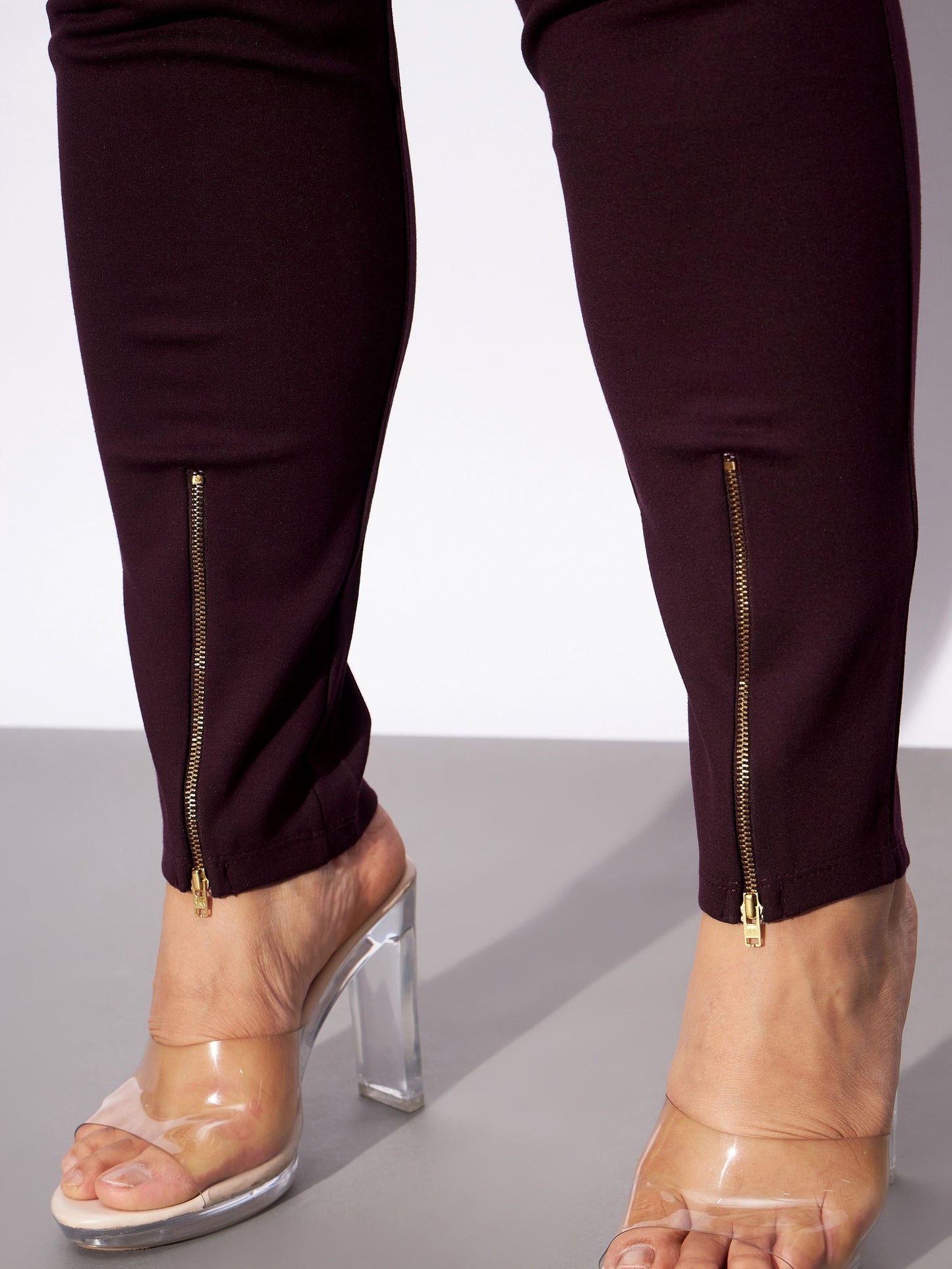 Burgundy Metal Zipper Hem Detail Pants