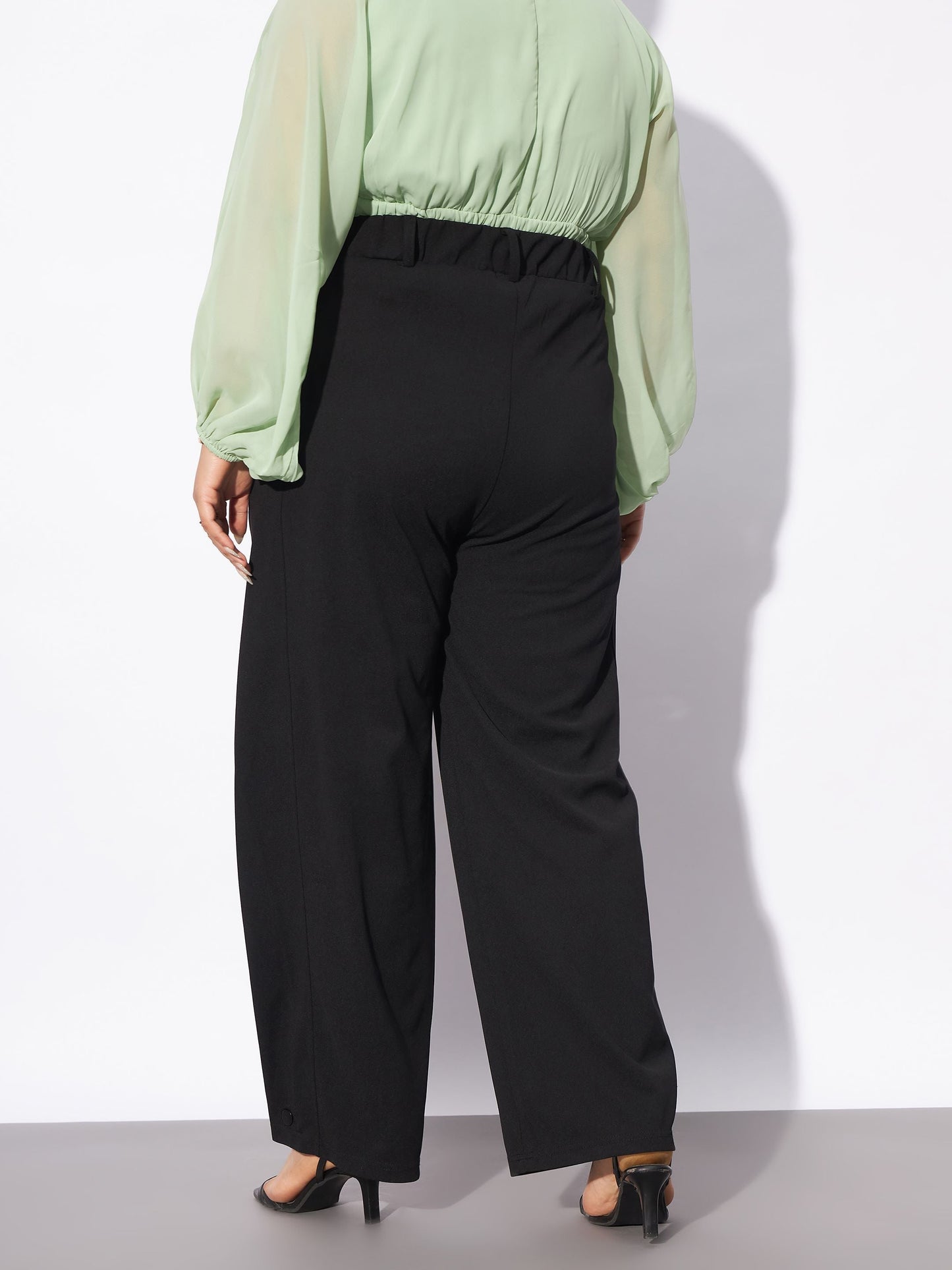 Black Hem Button Detail Straight Pants