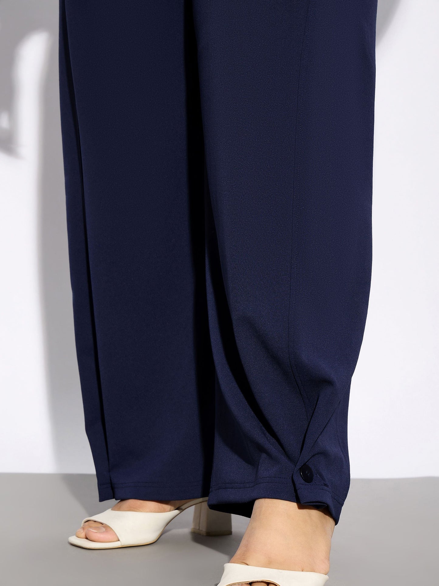Navy Hem Button Detail Straight Pants