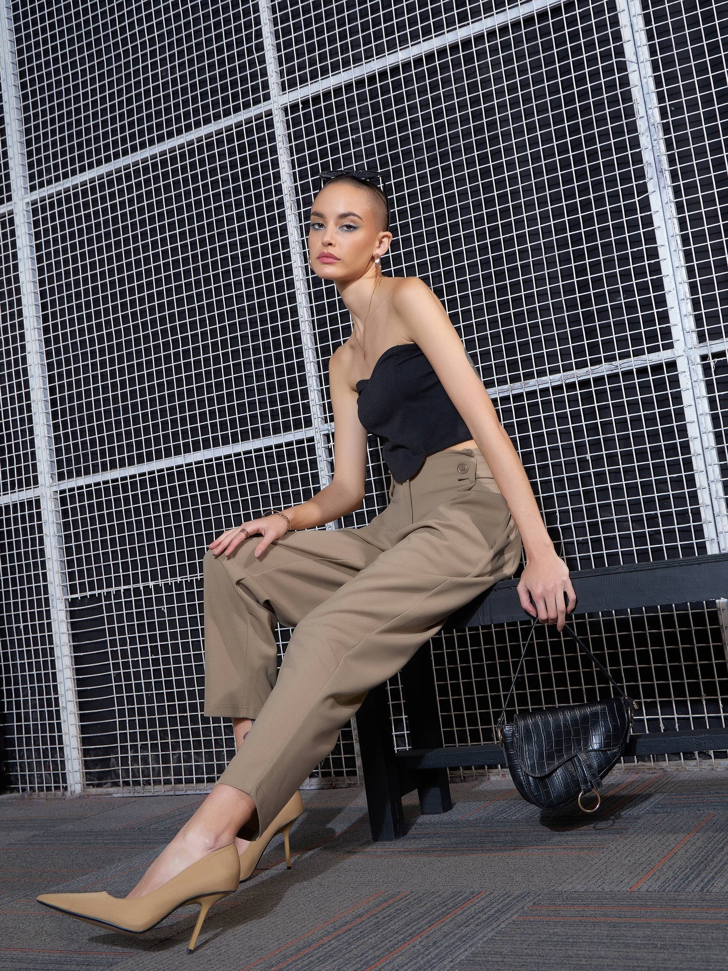 Women Beige Front Button Paperback Waist Pants