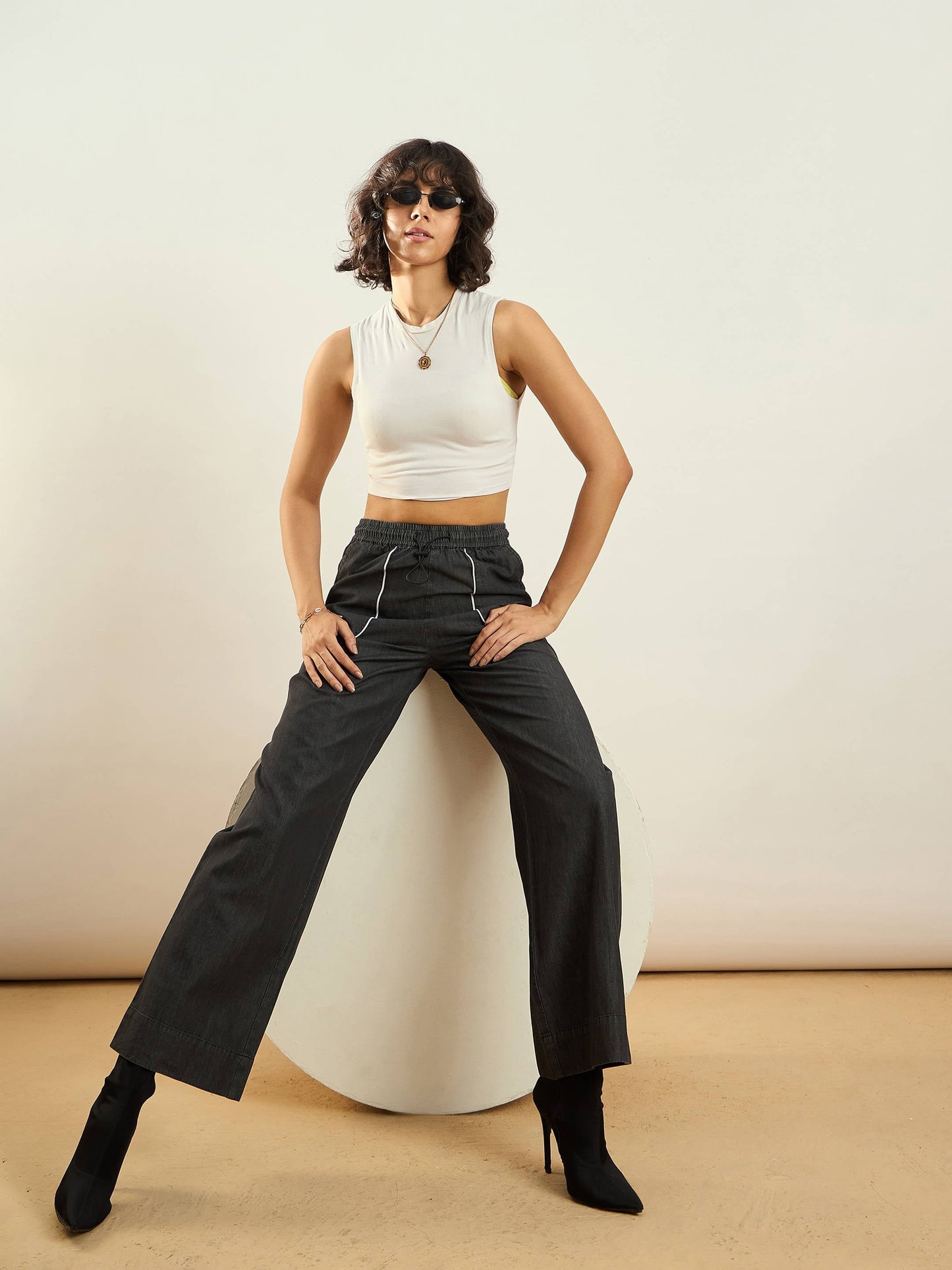 Black Tencel Contrast Piping Detail Pants