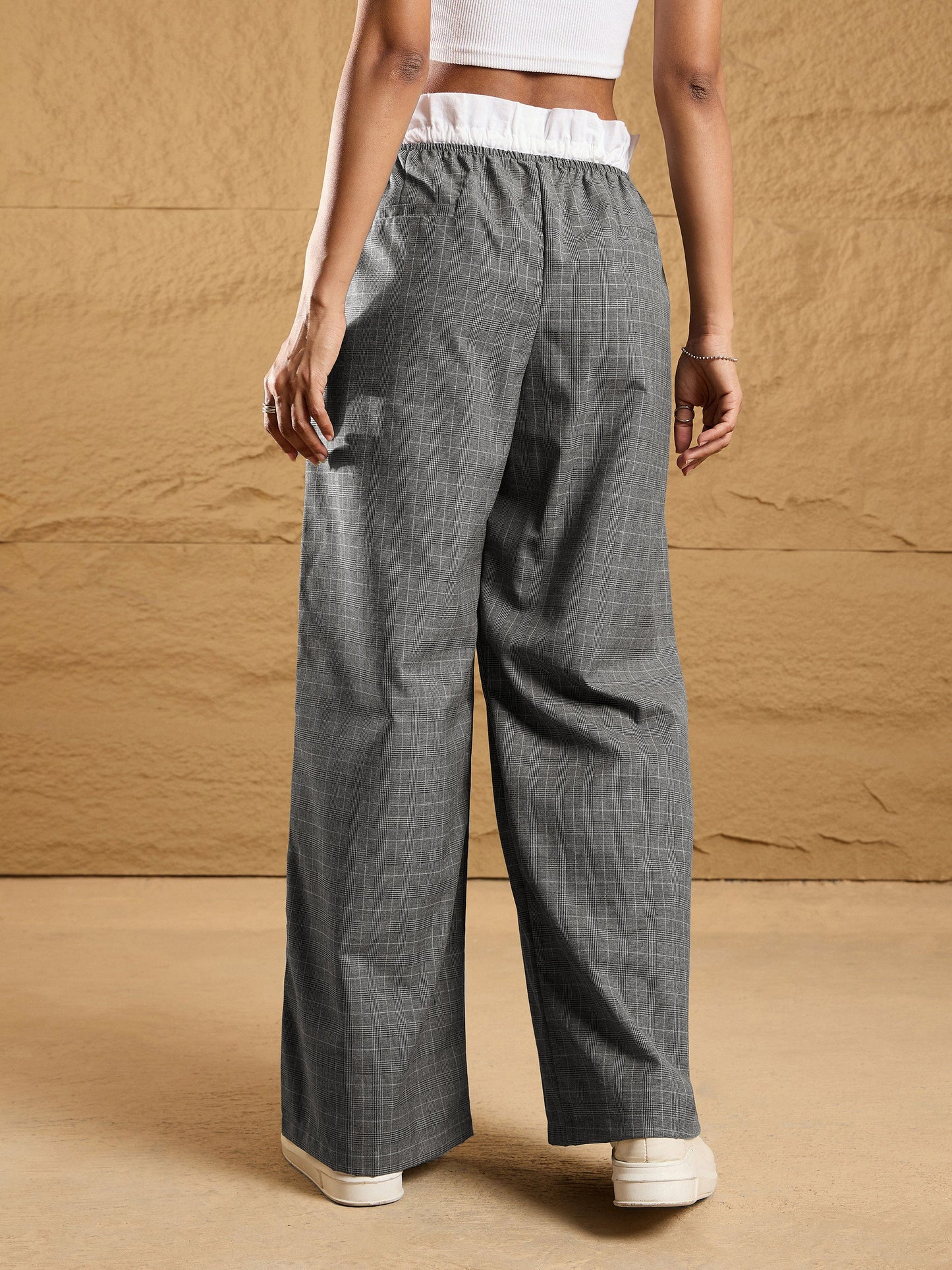 Black & Grey Check Contrast Paperback Waist Pants