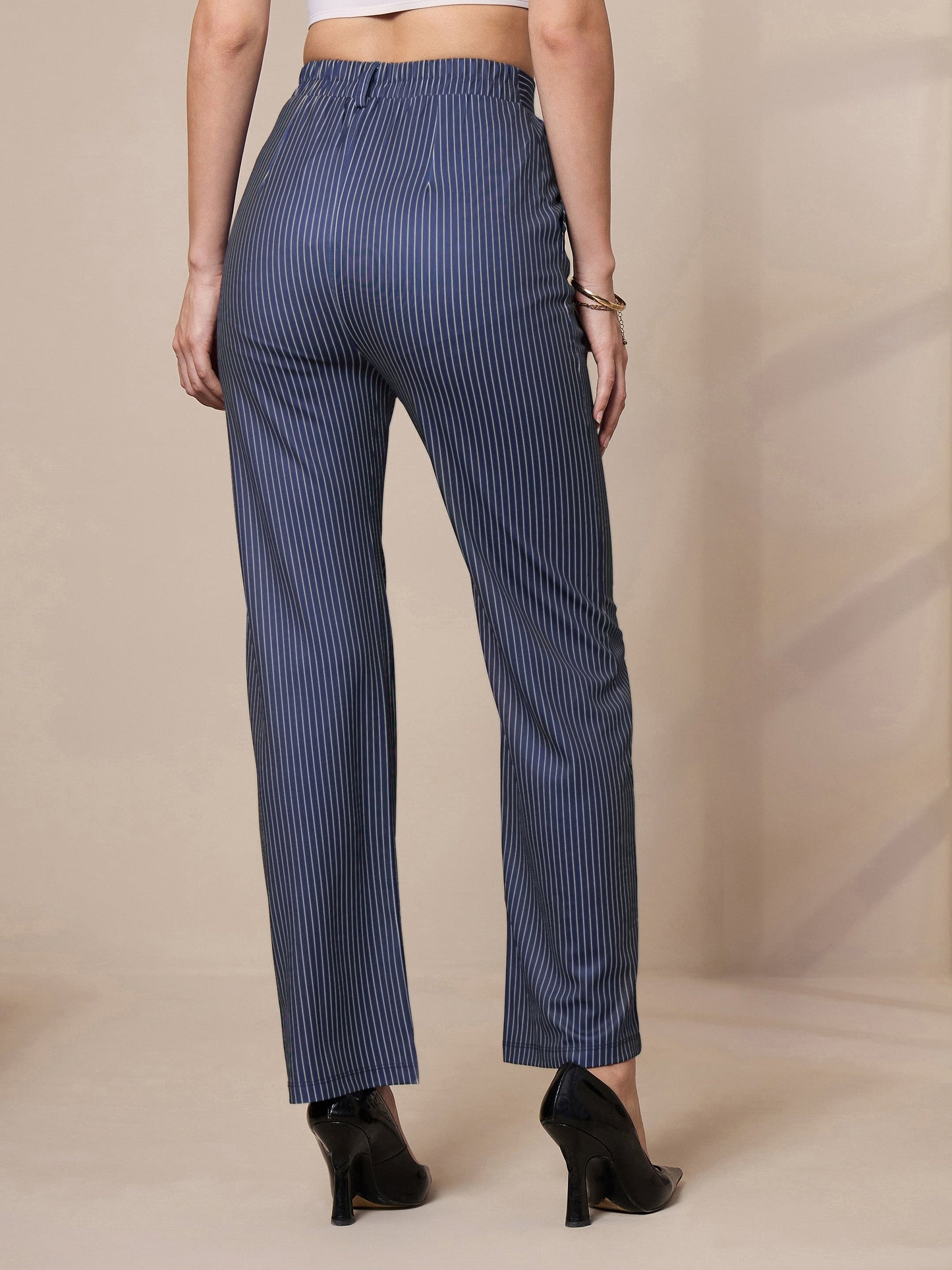 Navy Striped Straight Fit Trousers