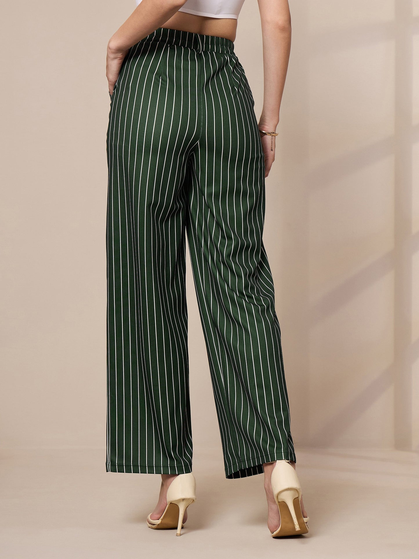 Green Striped Straight Wide Leg Trousers