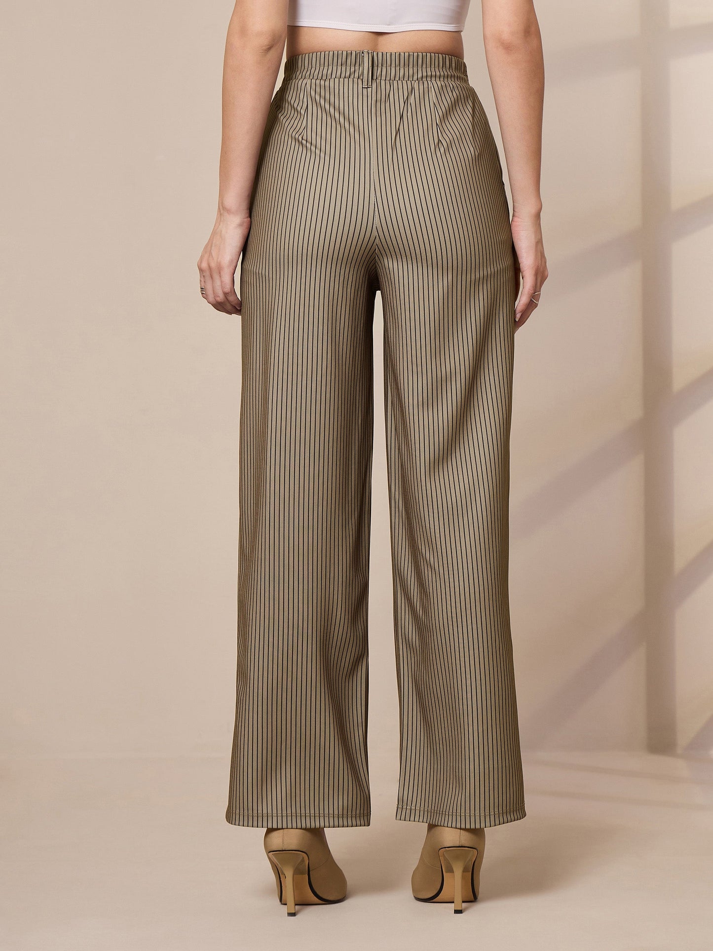 Beige Striped Straight Wide Leg Trousers
