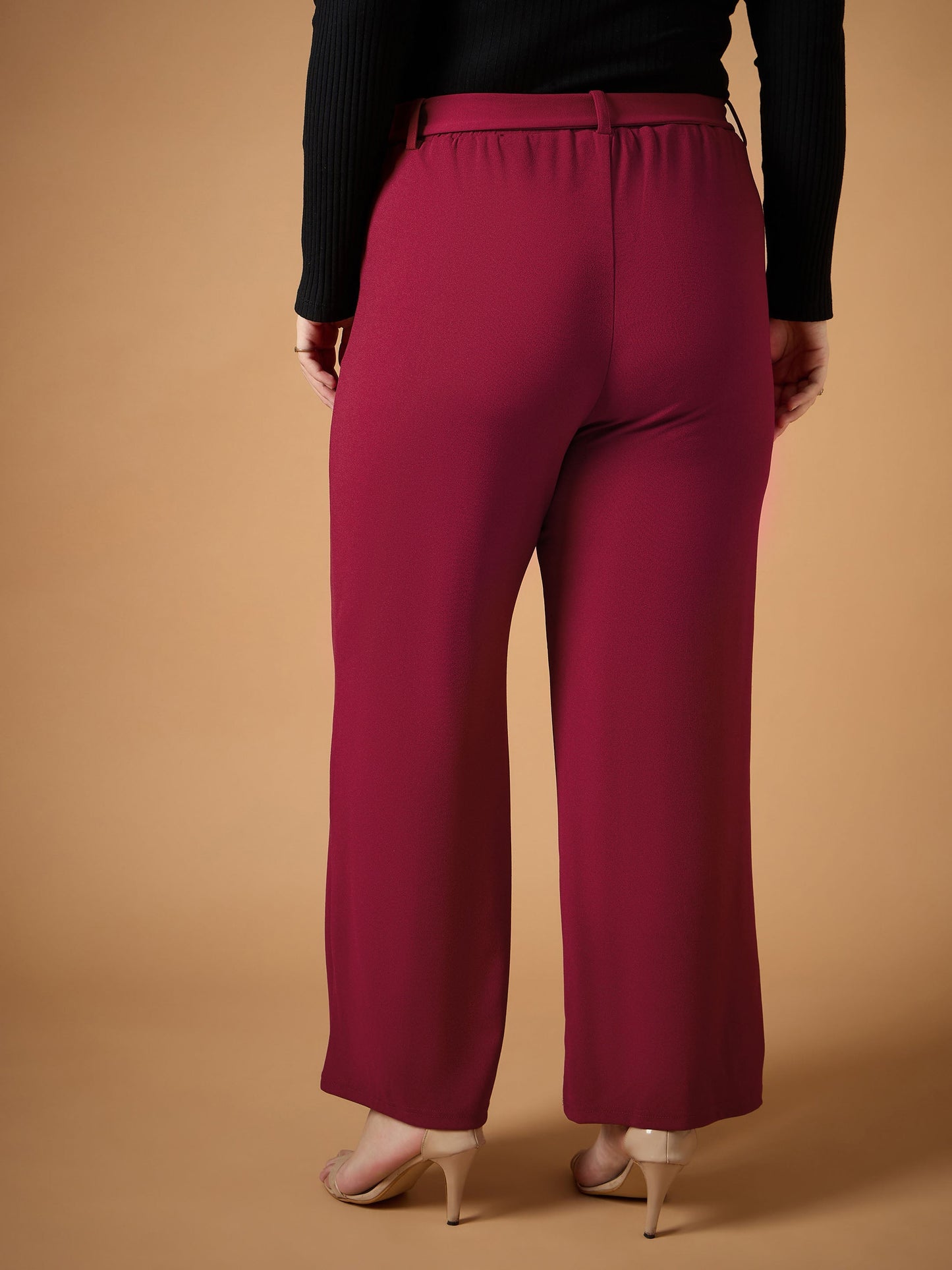 Maroon Belt Detail Straight Pants