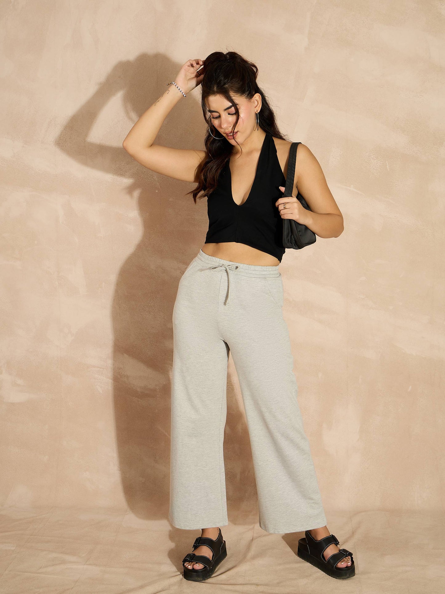 Women Grey Melange Terry Track Pants