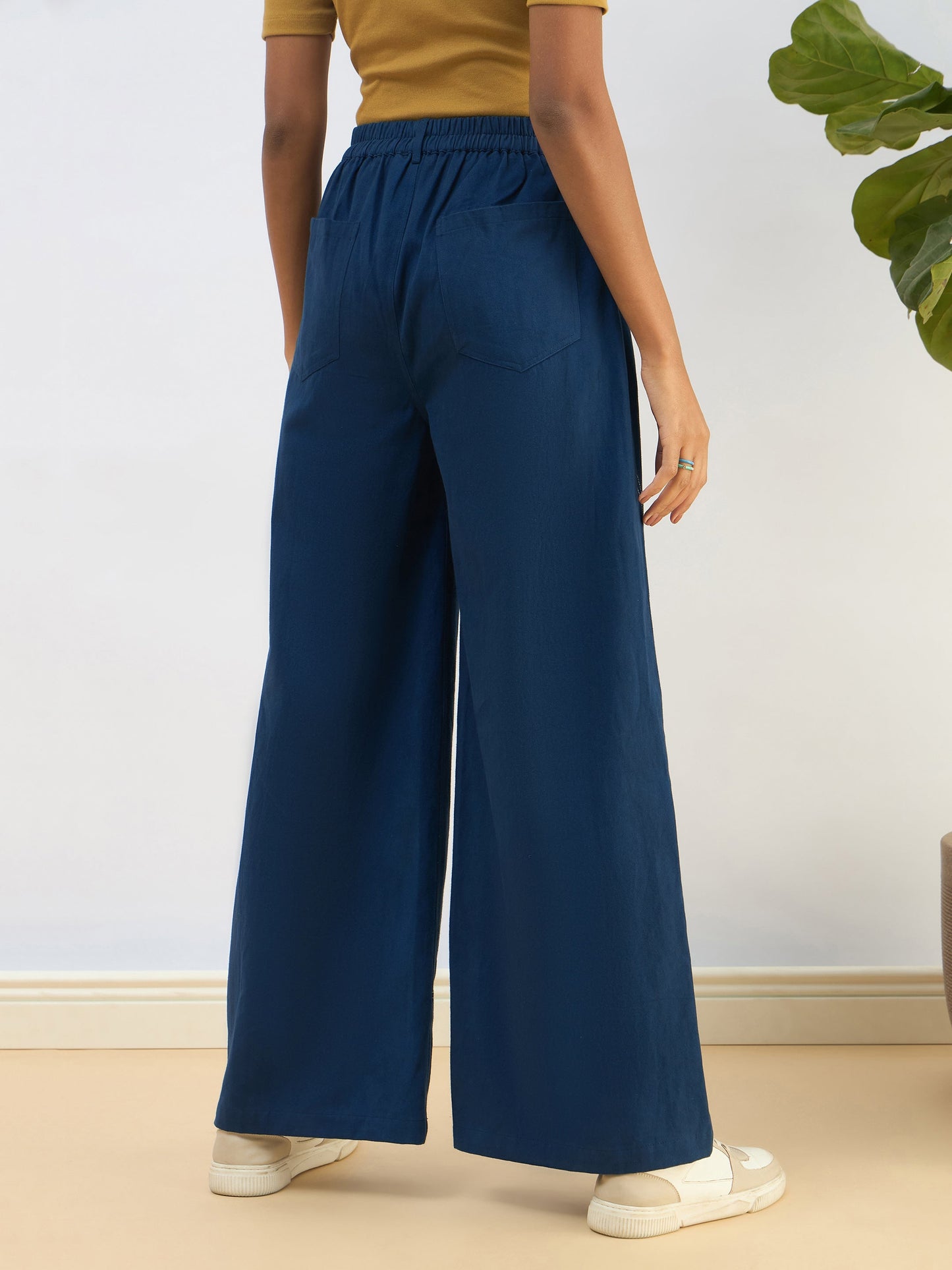 Blue Twill Mid Rise Flared Pants