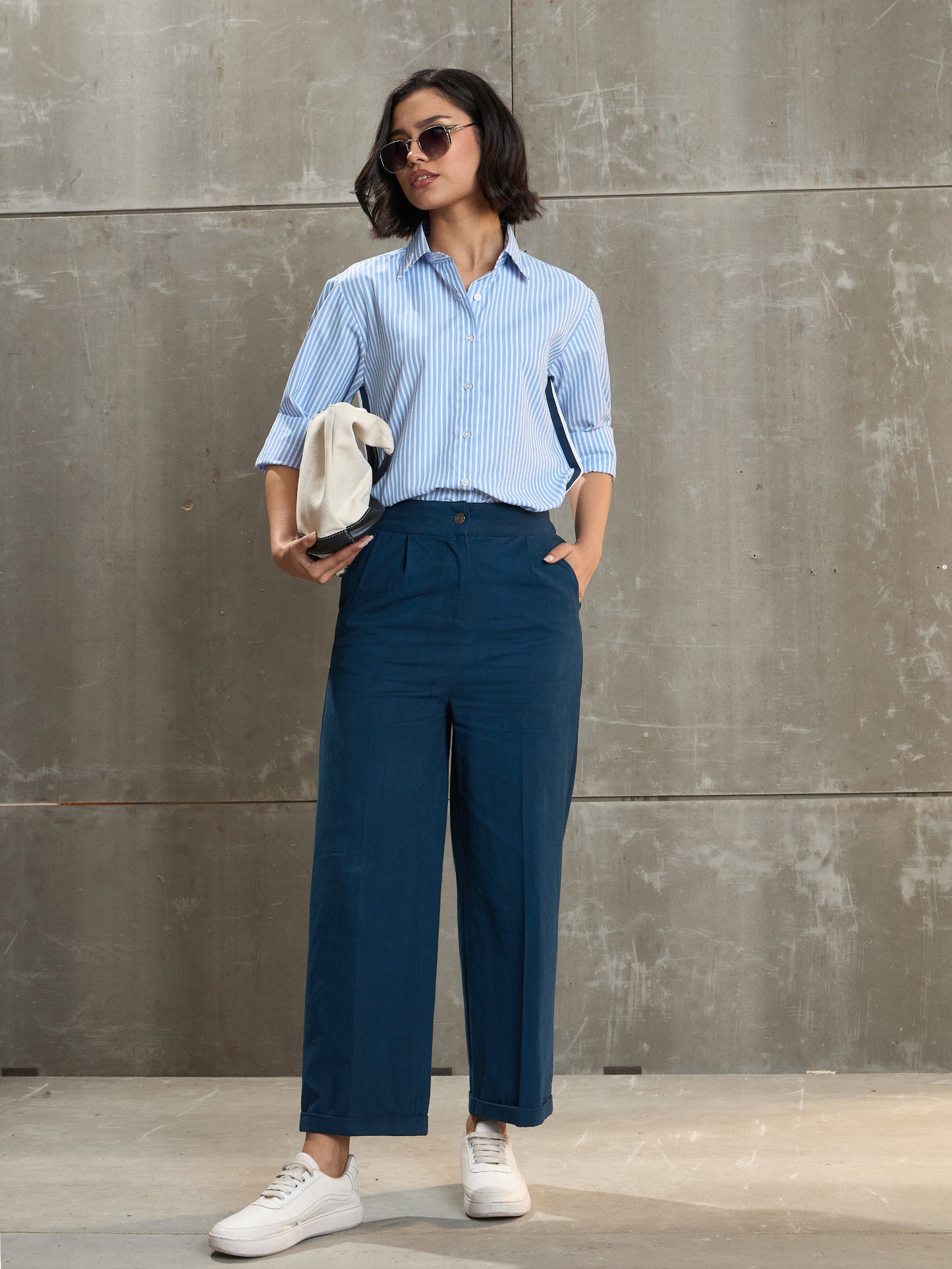 Women Navy Blue Twill Wide Leg Pants
