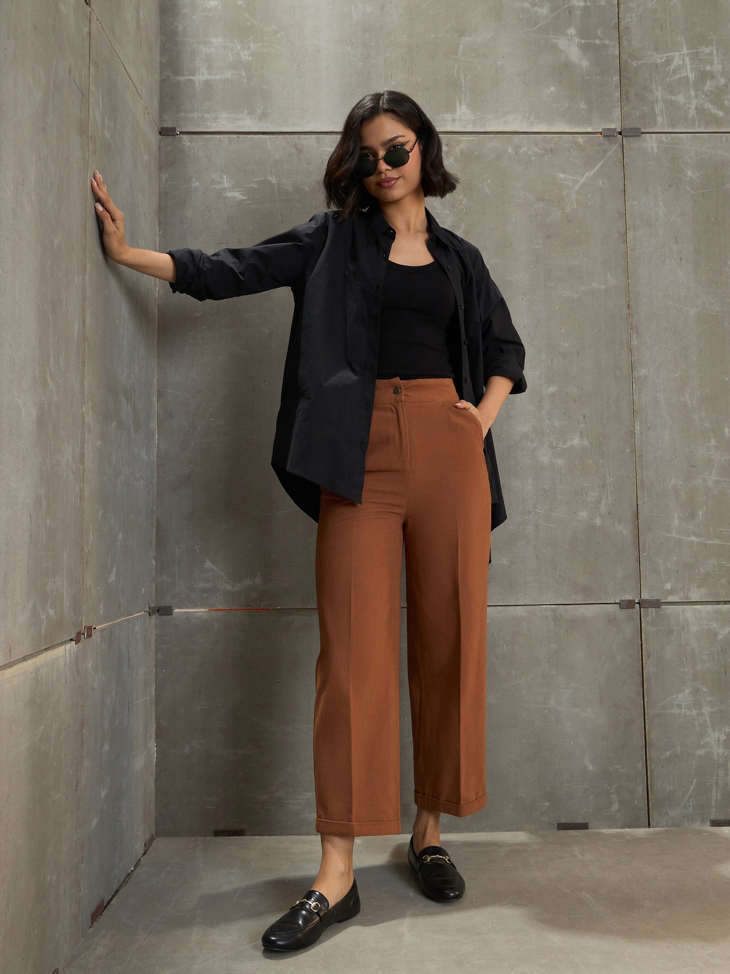 Women Brown Twill Wide Leg Pants