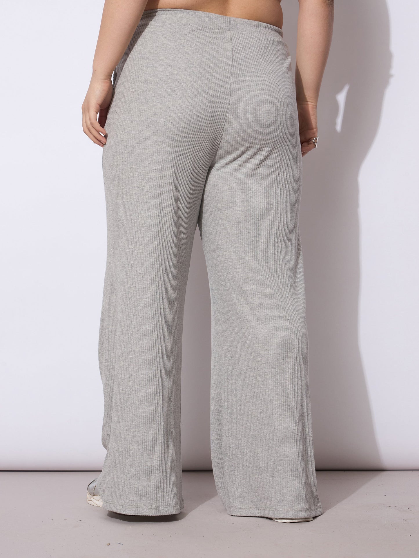 Grey Rib Drawstring Straight Pants