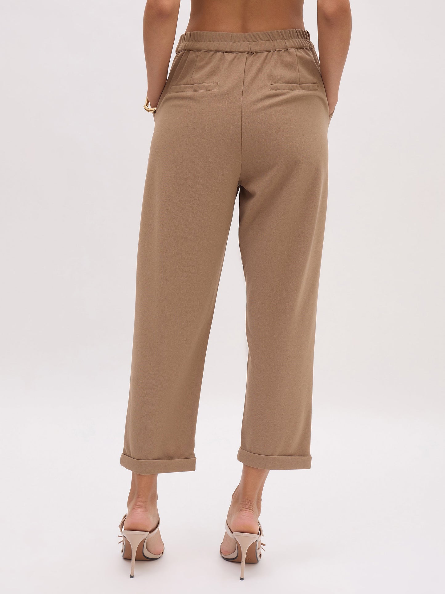 Women Beige Cross Pocket Bottom Fold Straight Pants
