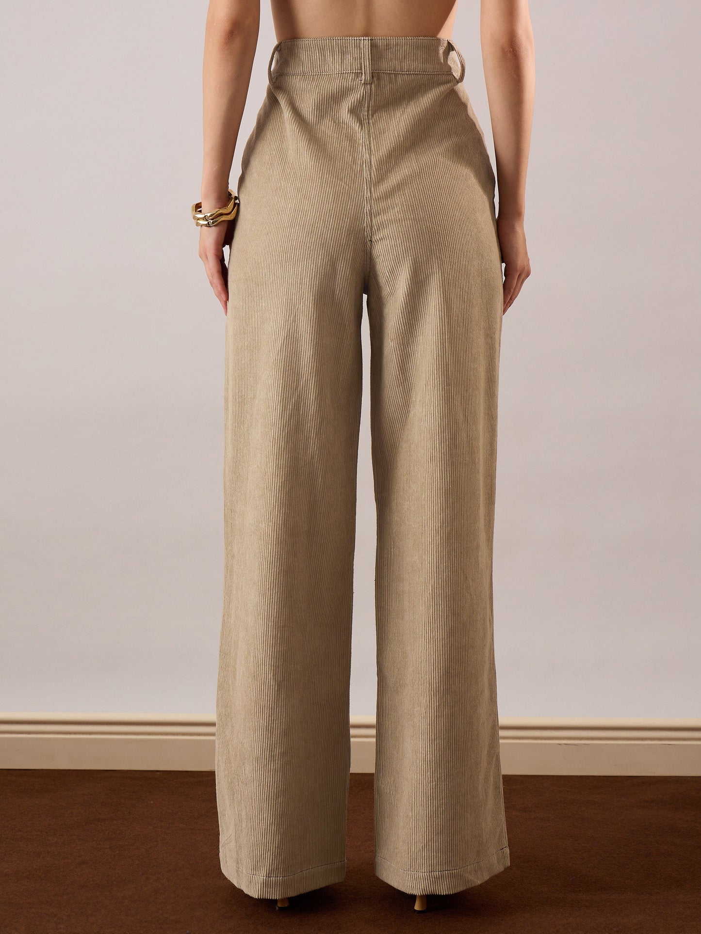 Women Beige Corduroy Front Patch Pocket Wide Leg Pants