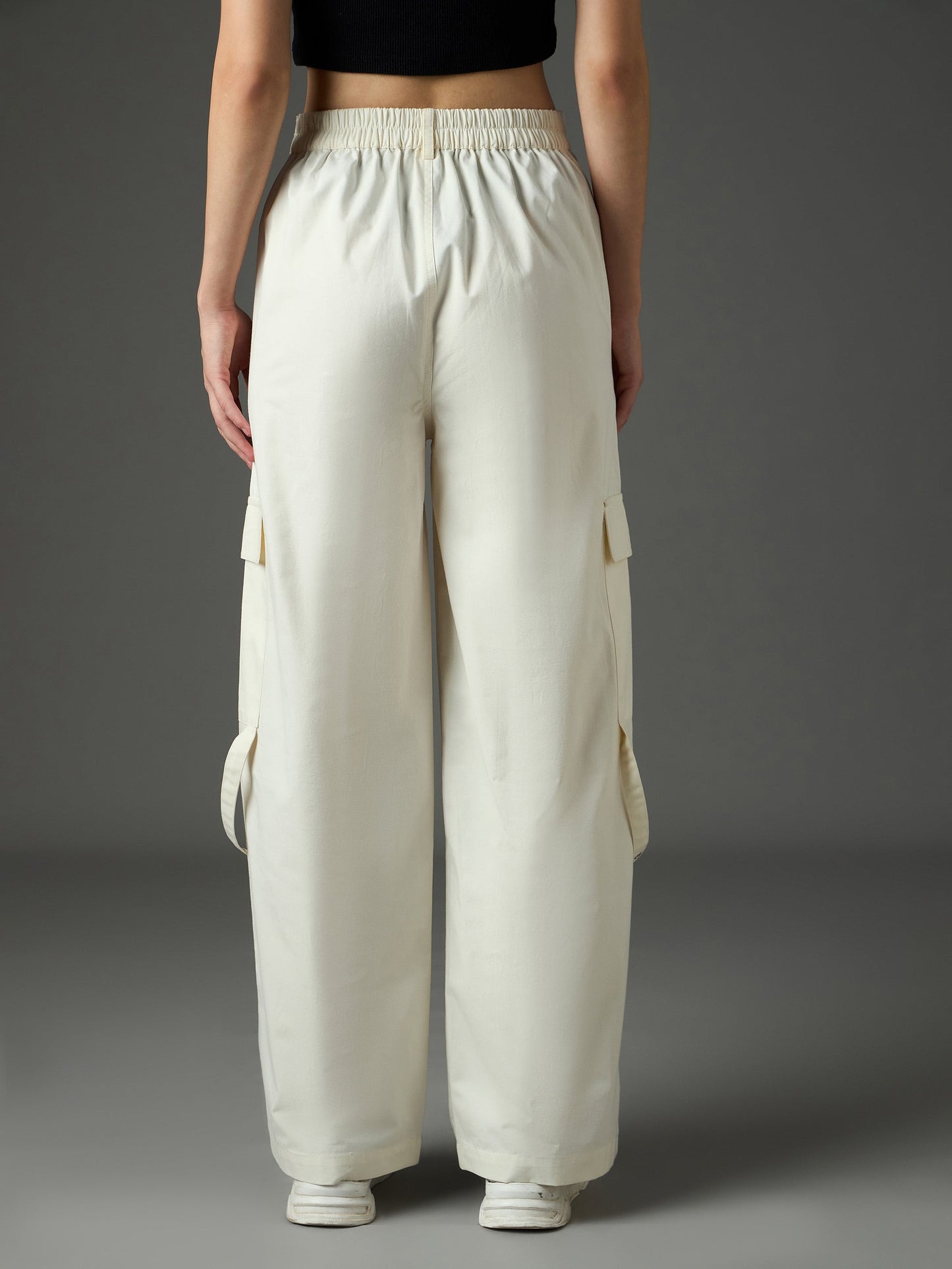 Women White Twill Pocket Loop Detail Cargo Pants
