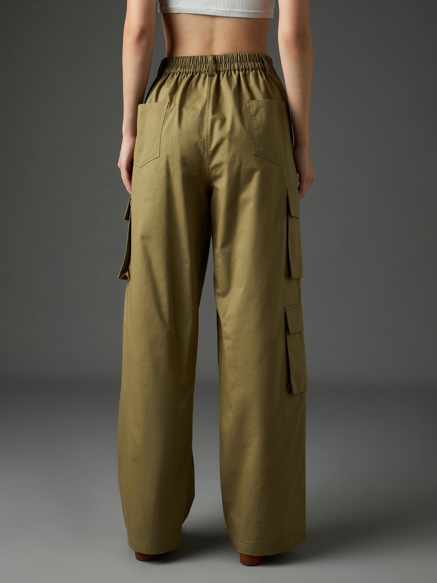Women Olive Twill Box Pocket Straight Cargo Pants