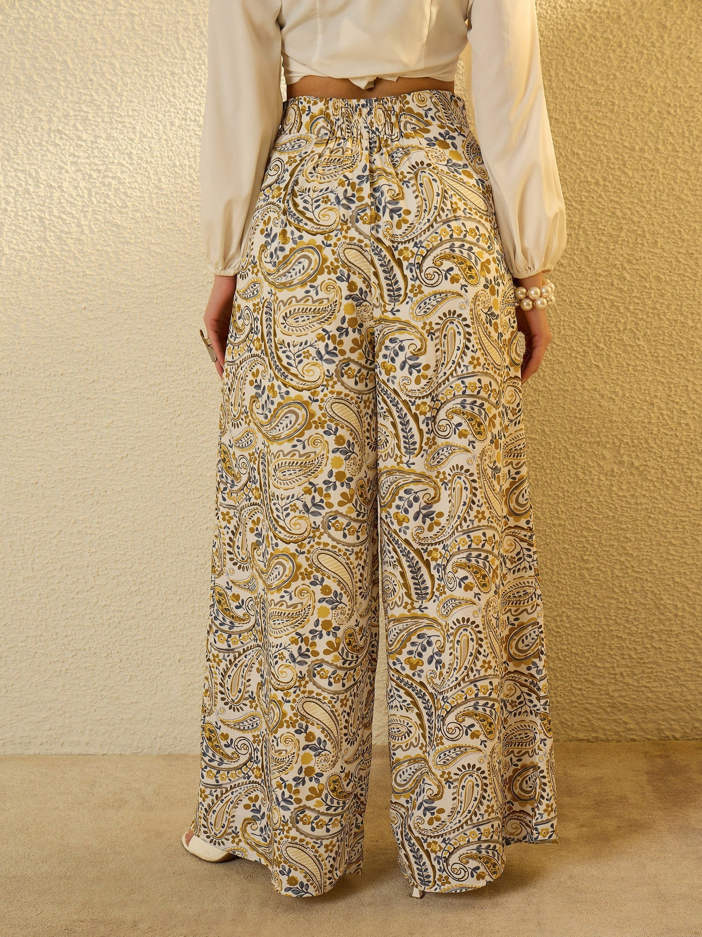 Women Mustard Paisley Flared Trousers
