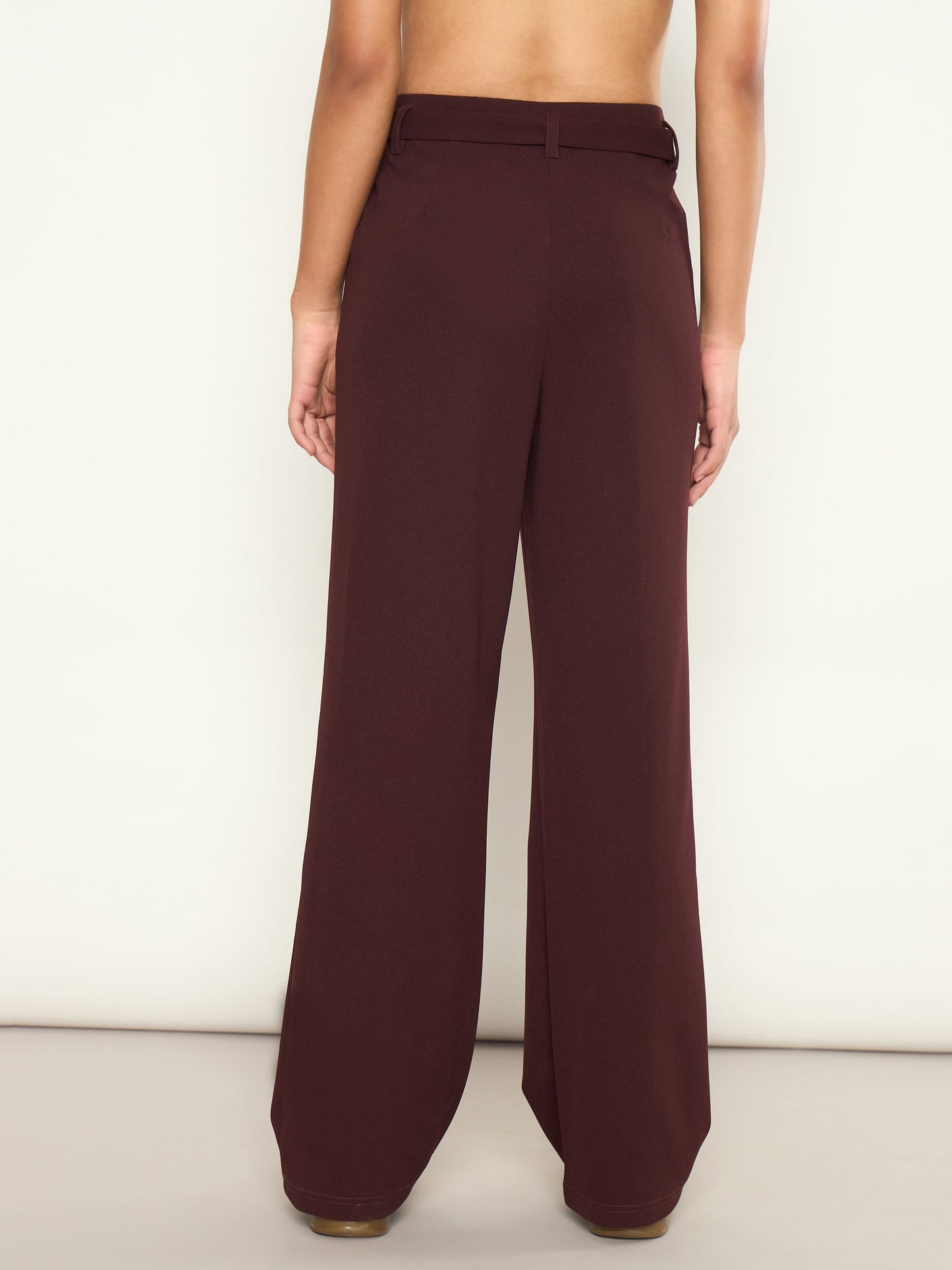 Women Burgundy Front Pleated Belted Straight Pants