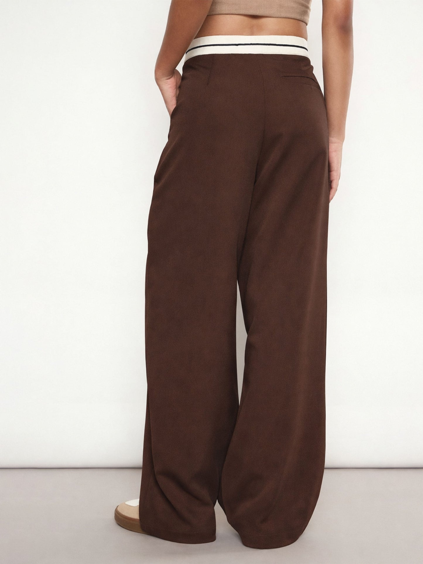 Women Brown Front Pleated Wide Leg Korean Pants