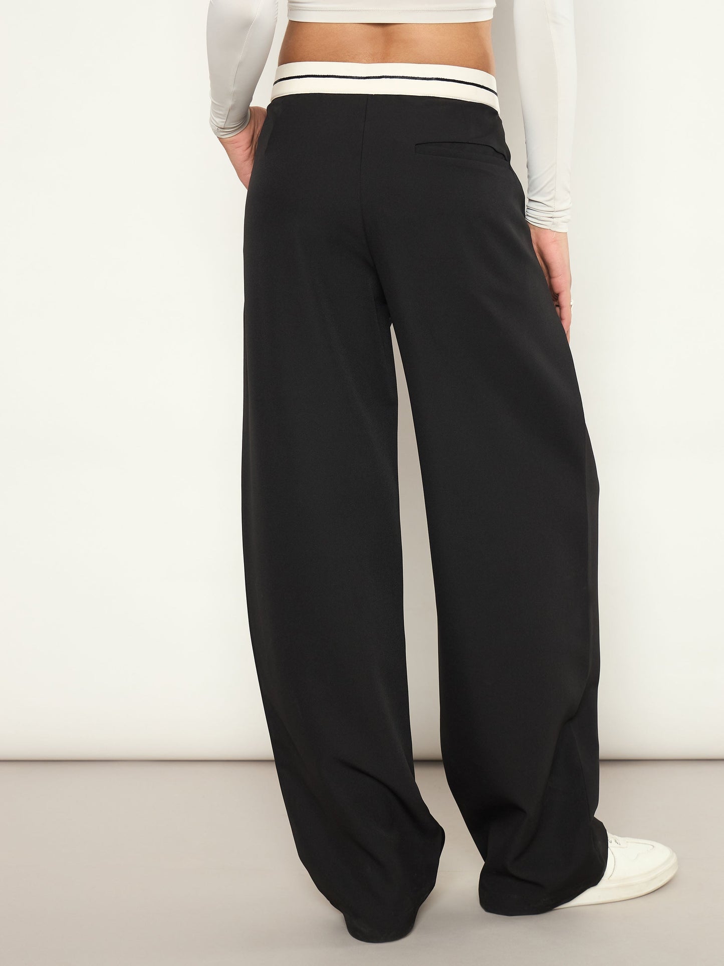 Women Black Front Pleated Wide Leg Korean Pants