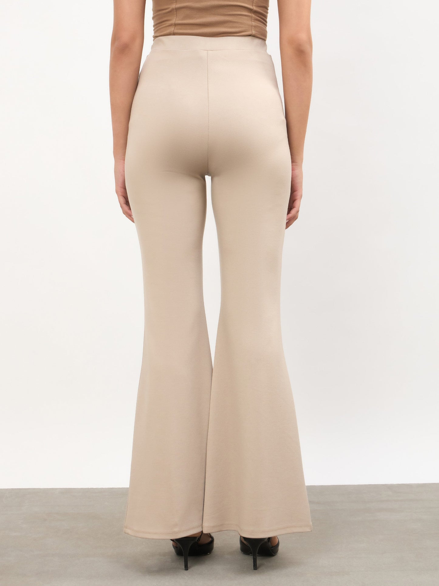 Beige Front Metal Trim Bell Bottom Pants