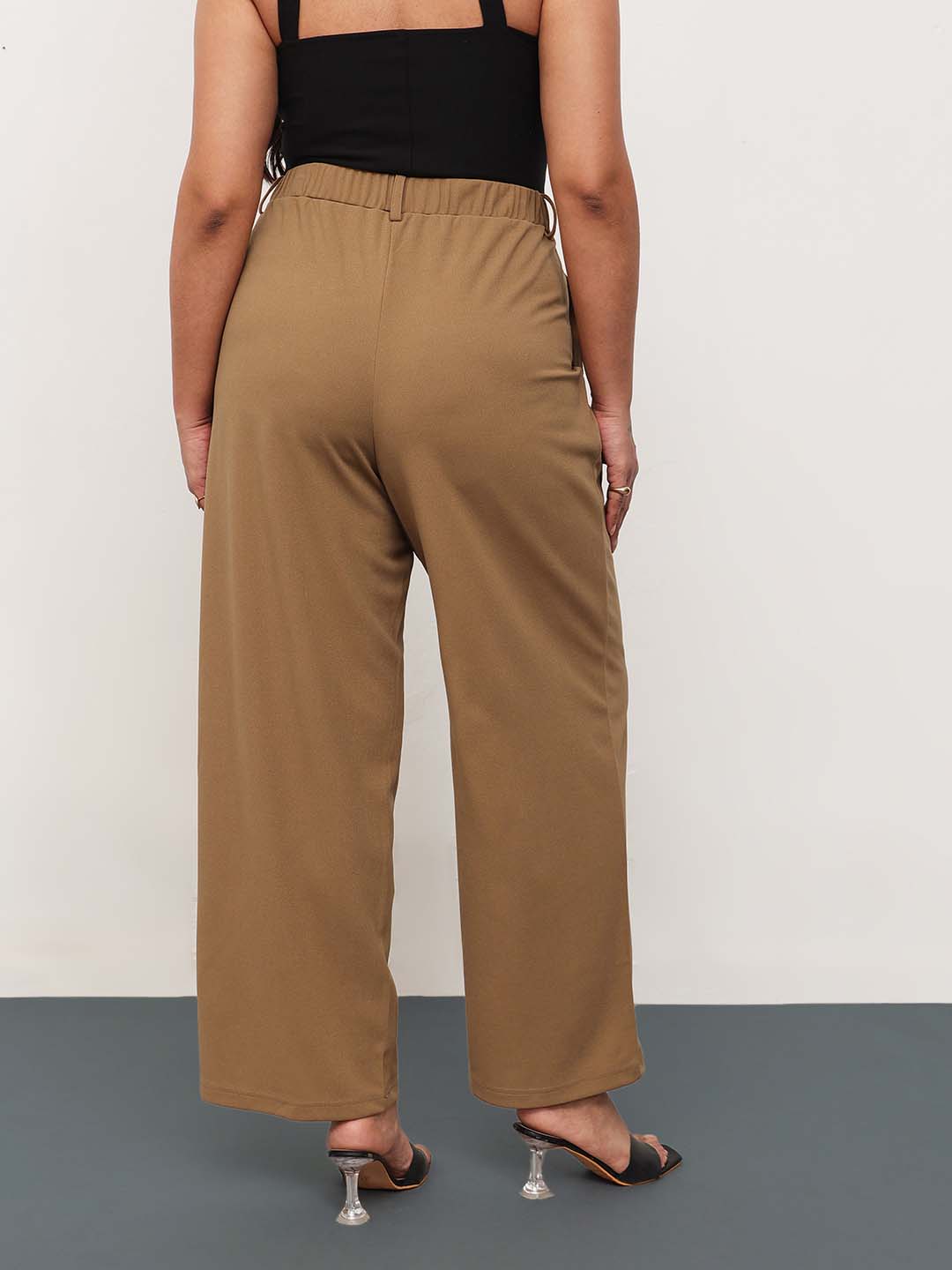 Beige Front Metal Mock Belted Straight Pants