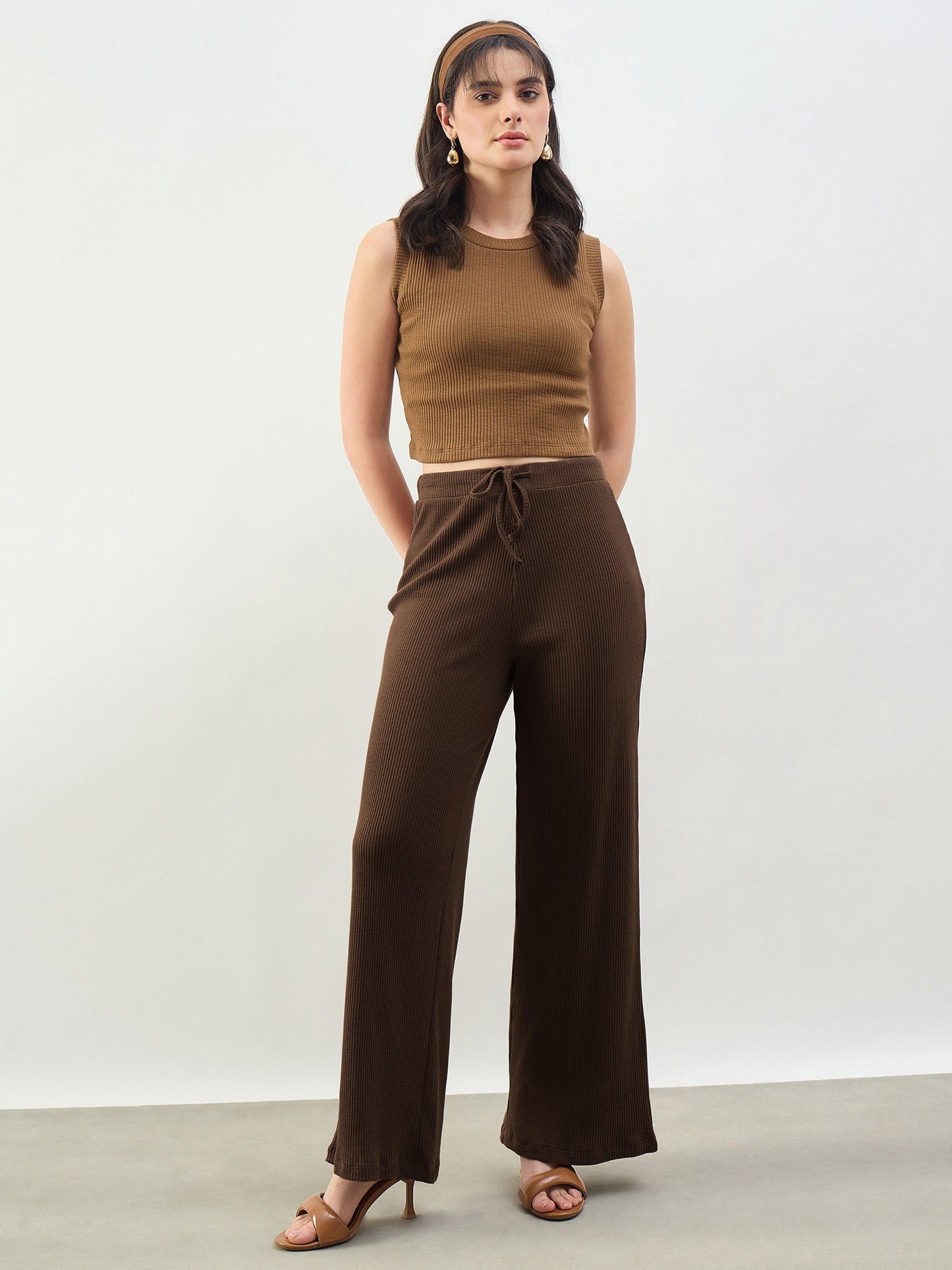 Women Brown Rib Drawstring Pants