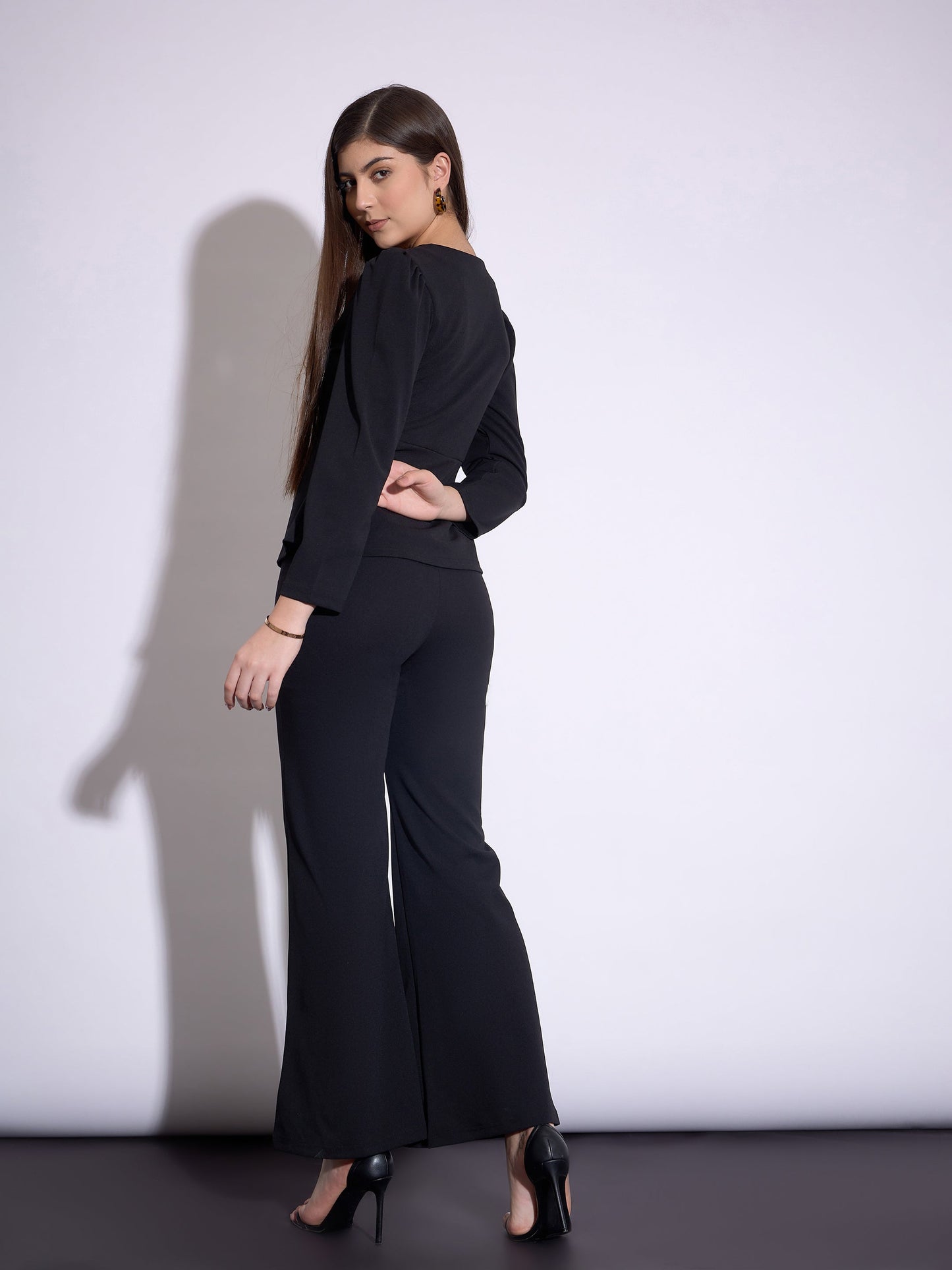 Women Black Peplum Top With Bell Bottom Pants