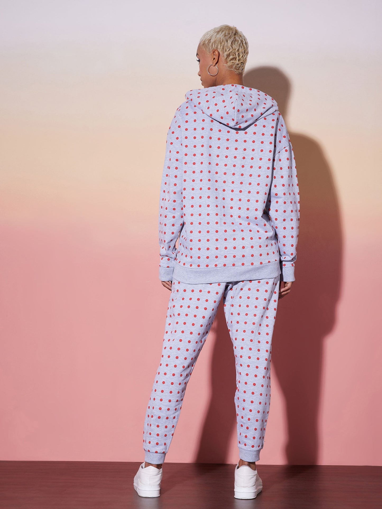 Grey & Red Polka Hoodie With Jogger