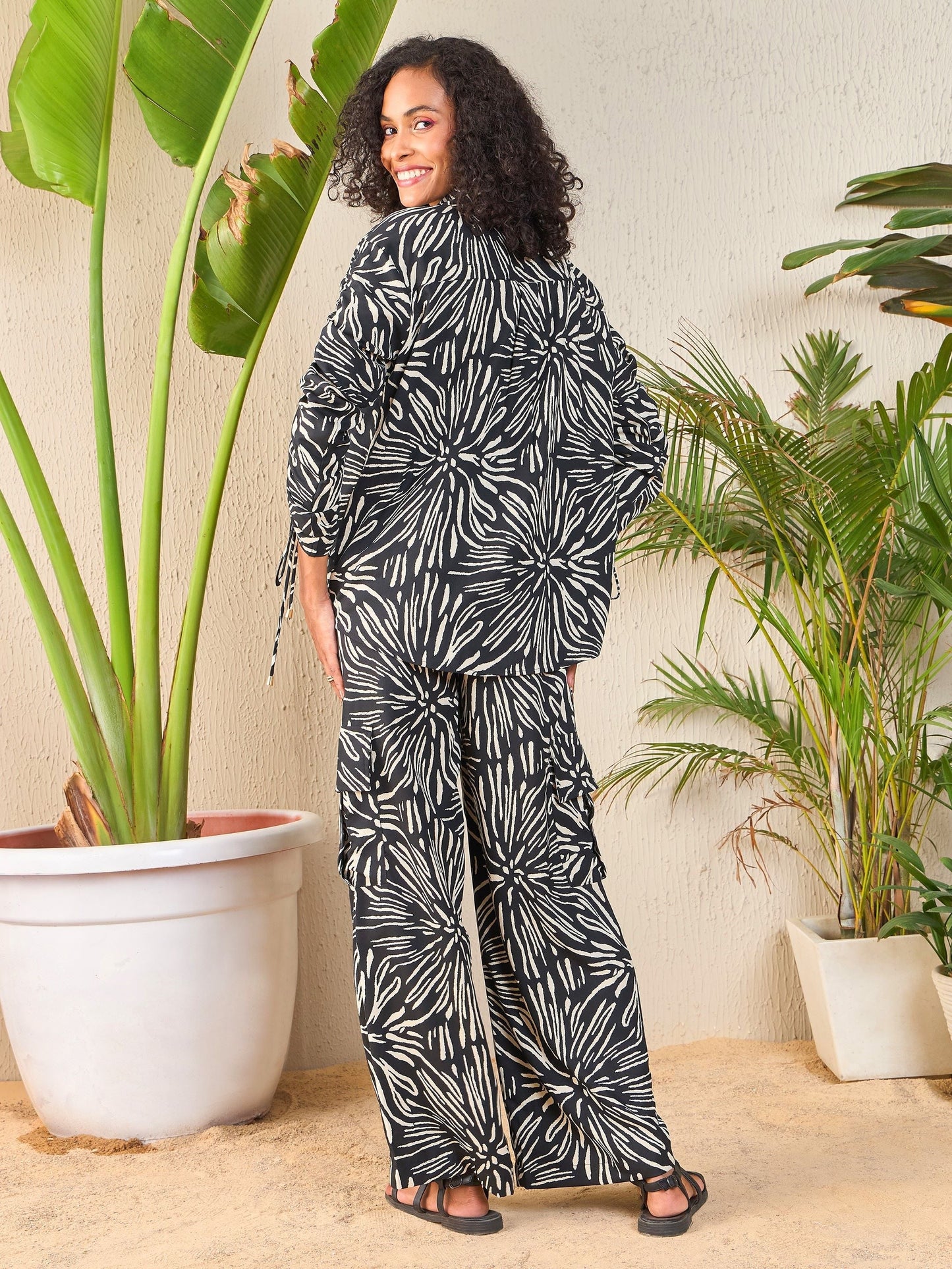 Black Abstract Print Shirt With Cargo Pants