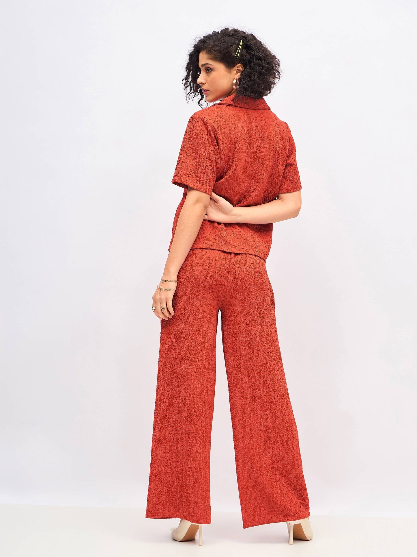Rust Knit Notch Collar Shirt With Darted Pants