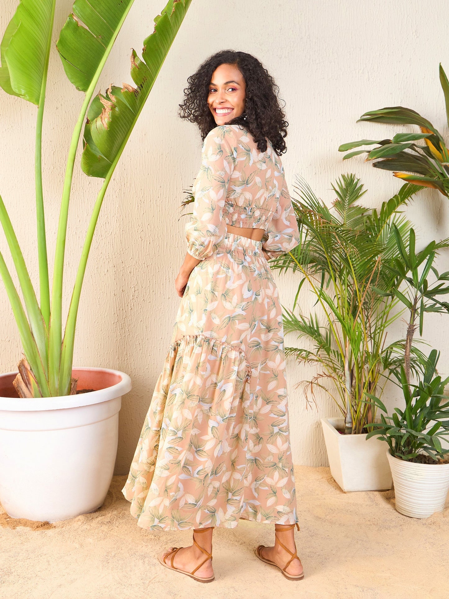 Nude Floral Crop Top With Flared Midi Skirt