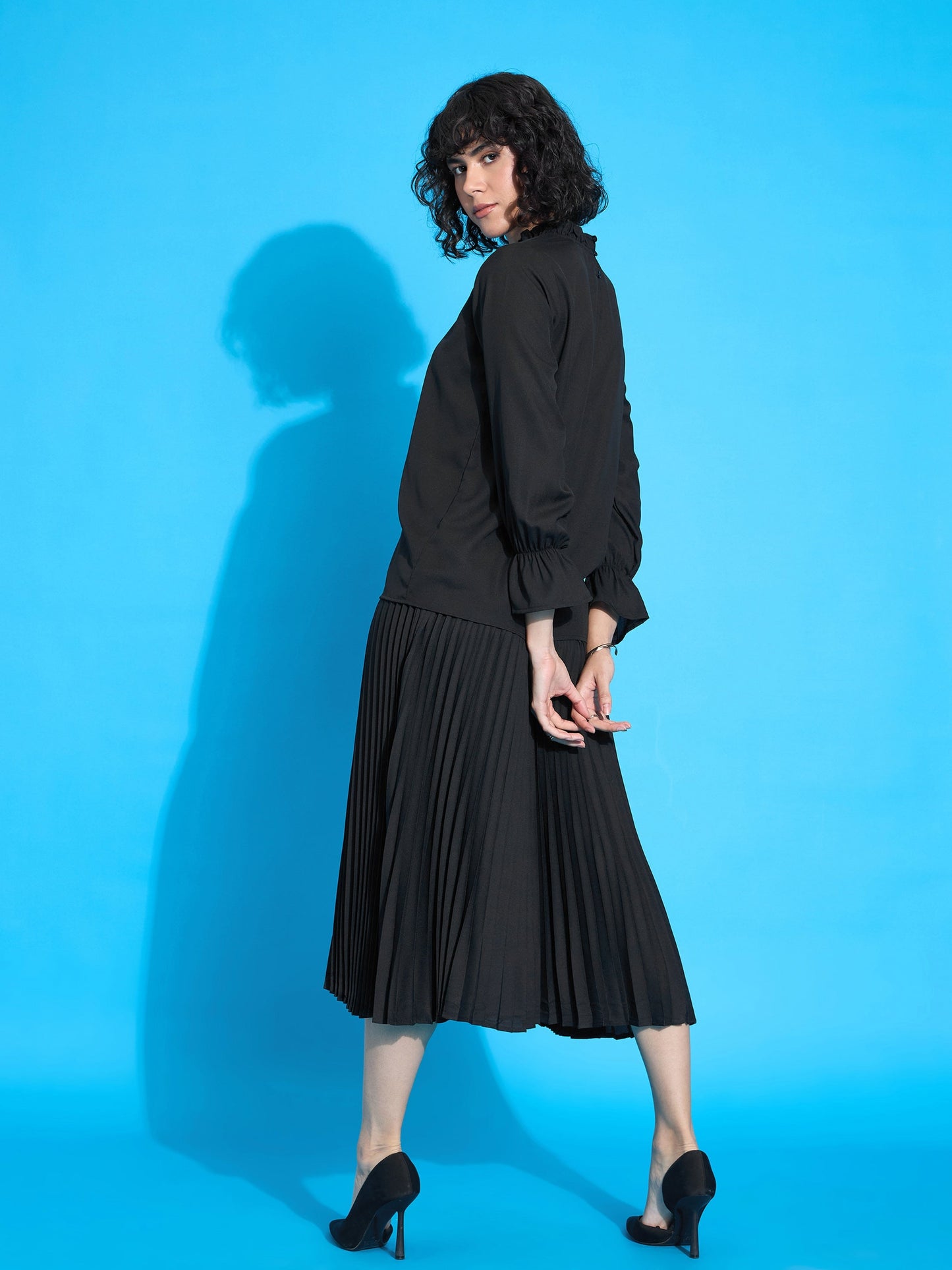 Black Ruffled Neck Blouse With Pleated Skirt
