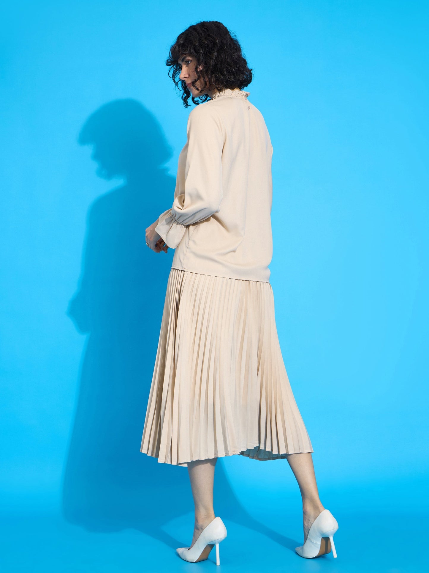 Beige Ruffled Neck Blouse With Pleated Skirt