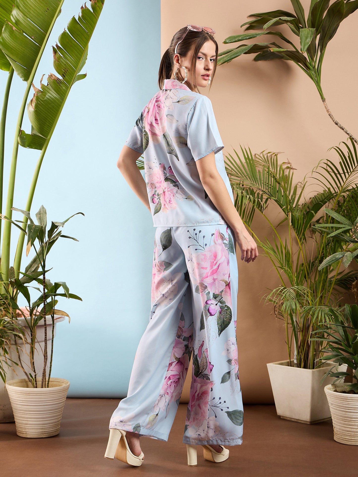 Light Blue Floral Shawl Collar Top With Pants