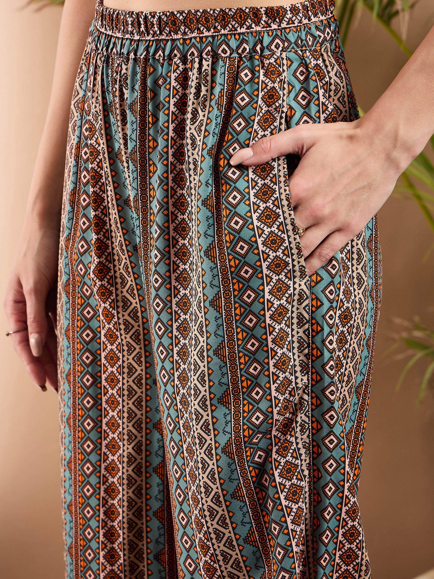 Turquoise Geometrical Notch Collar Shirt With Flared Pants