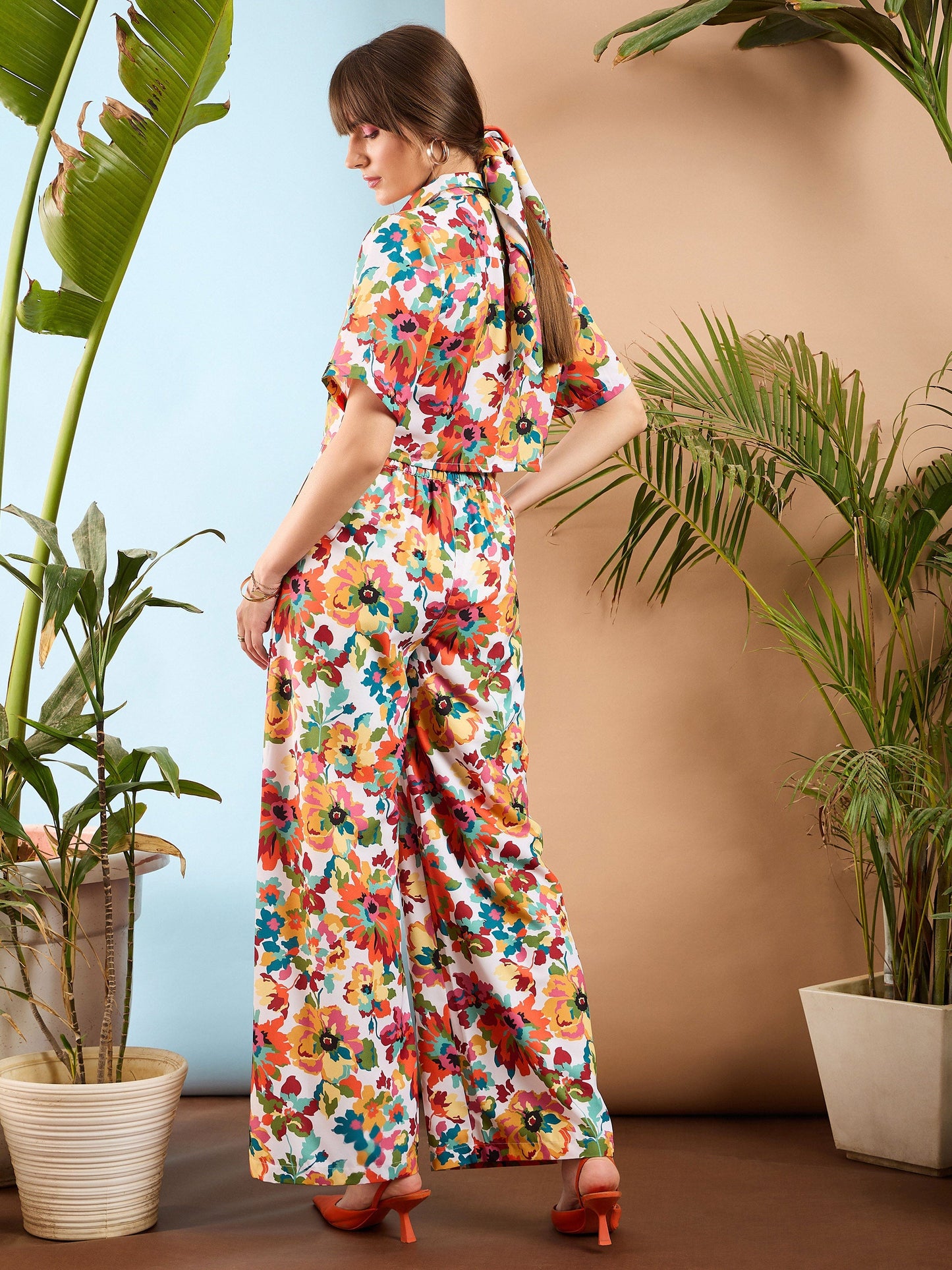 Orange Floral Crop Shirt With Pants