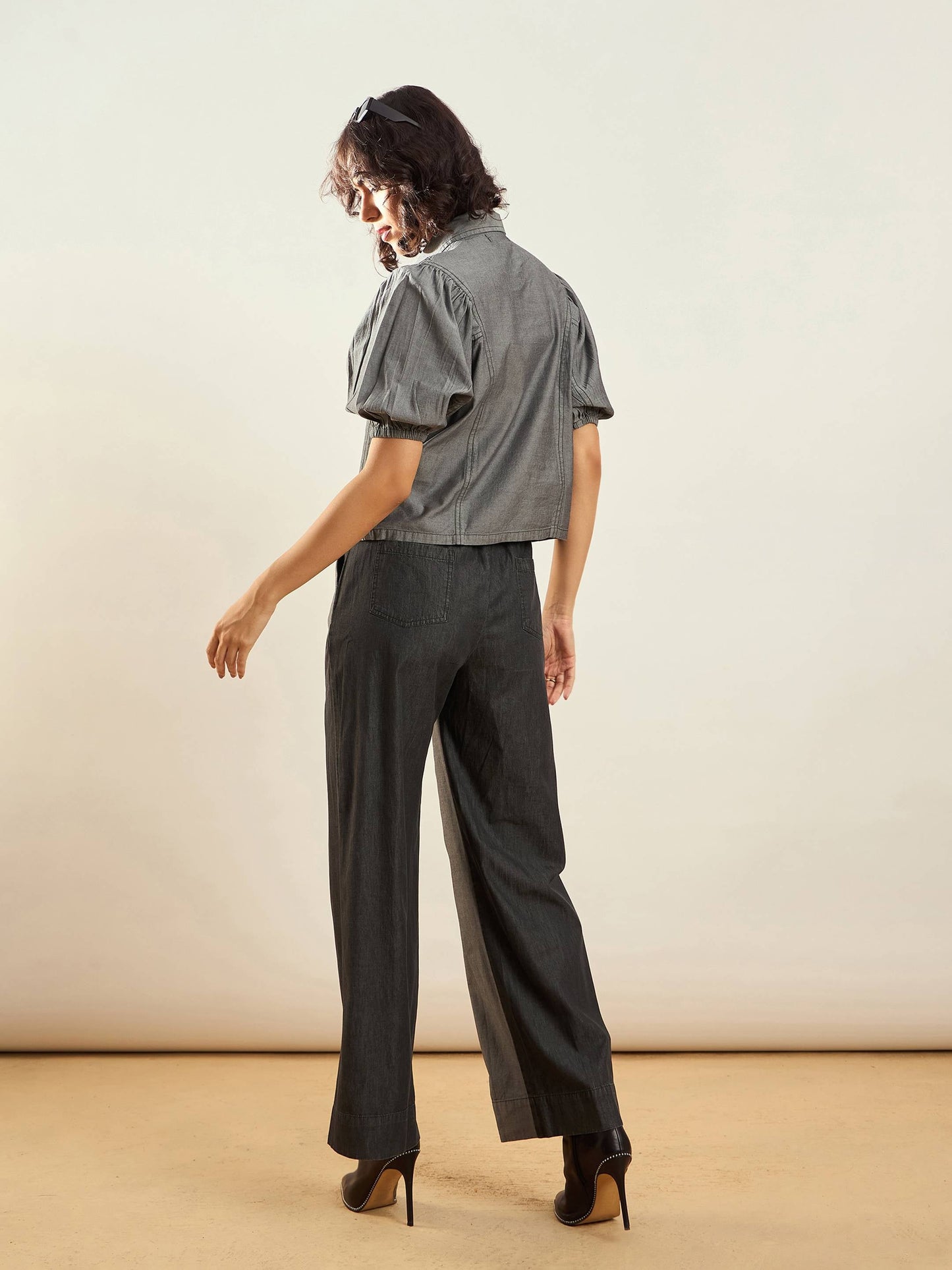 Women Grey Tencel Colo Block Shirt With Straight Pants