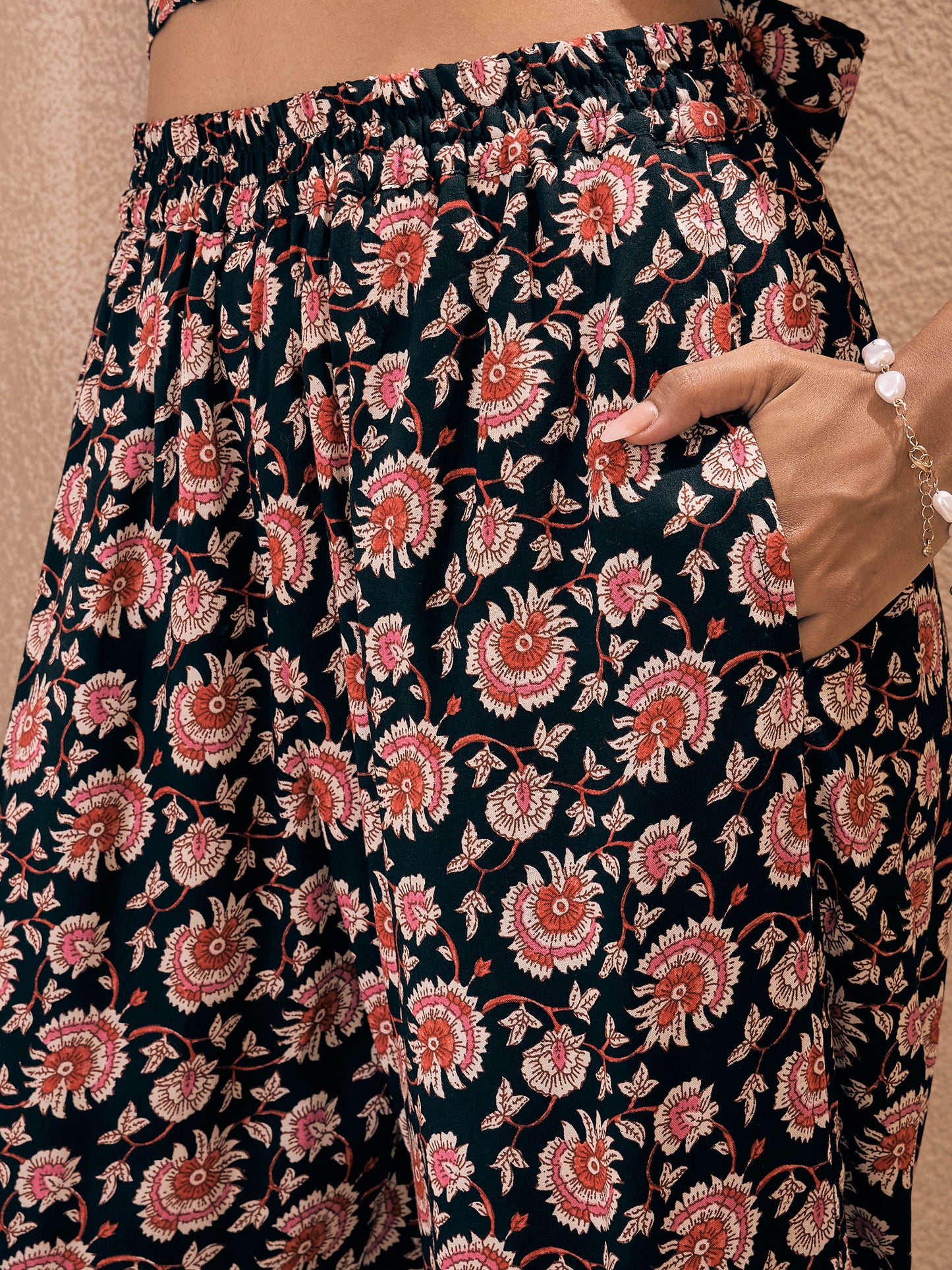 Black Floral Wrap Tie Crop Top With Ruched Pants