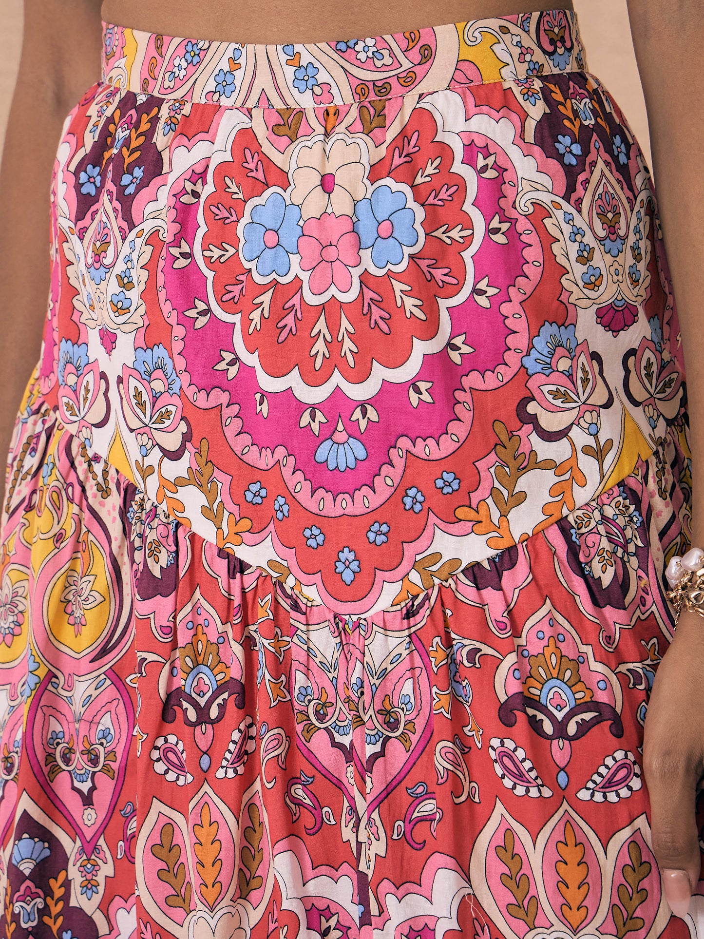 Pink Ethnic Motif Crop Top With Skirt