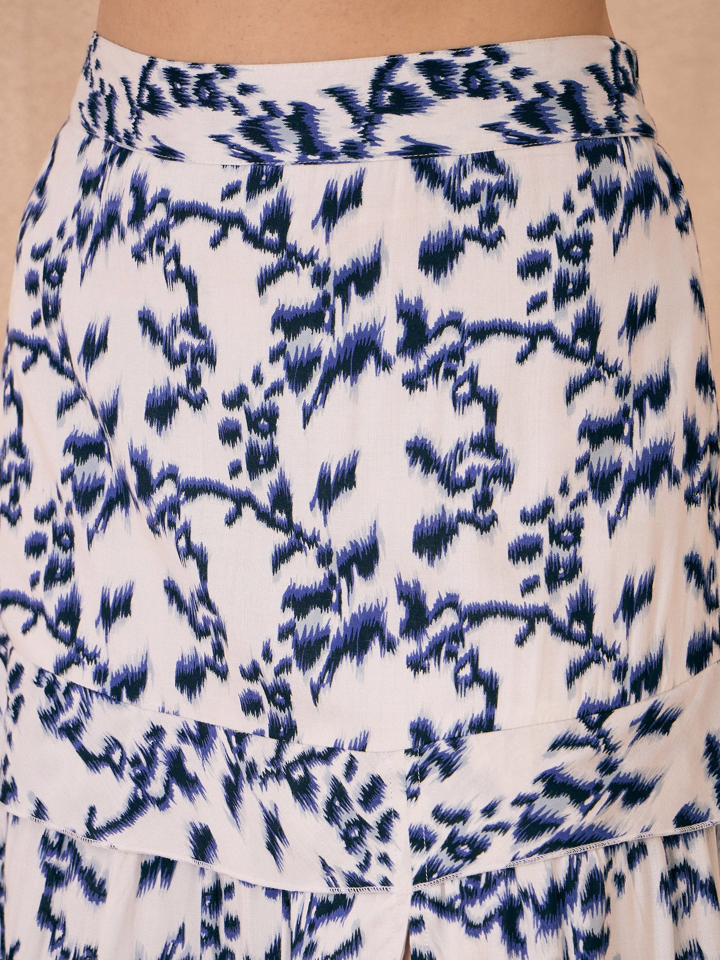 Navy Ikat Print Strappy Crop Top With Slit Skirt