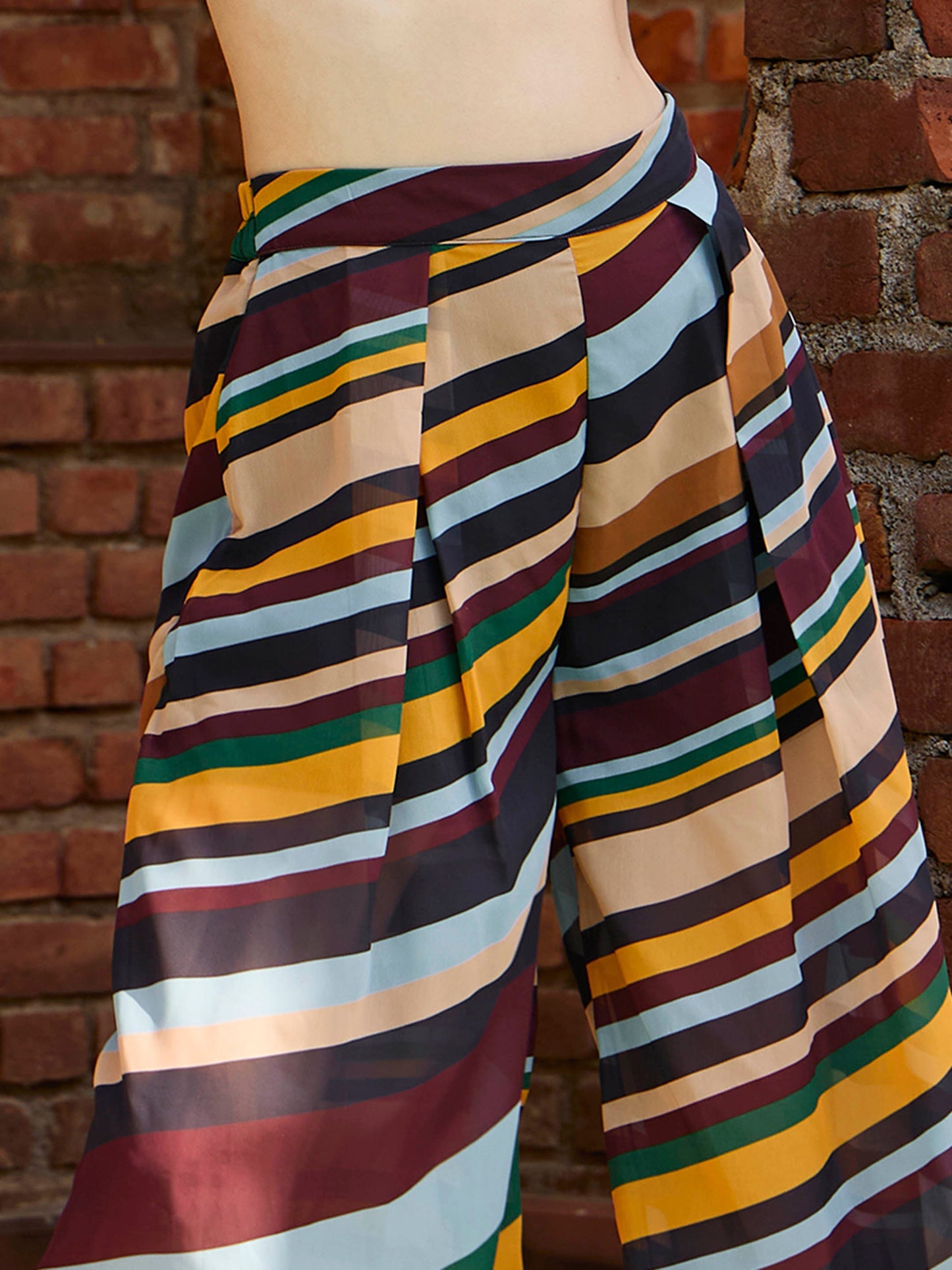 Women Yellow Multicolor Stripes Top With Flared Pants