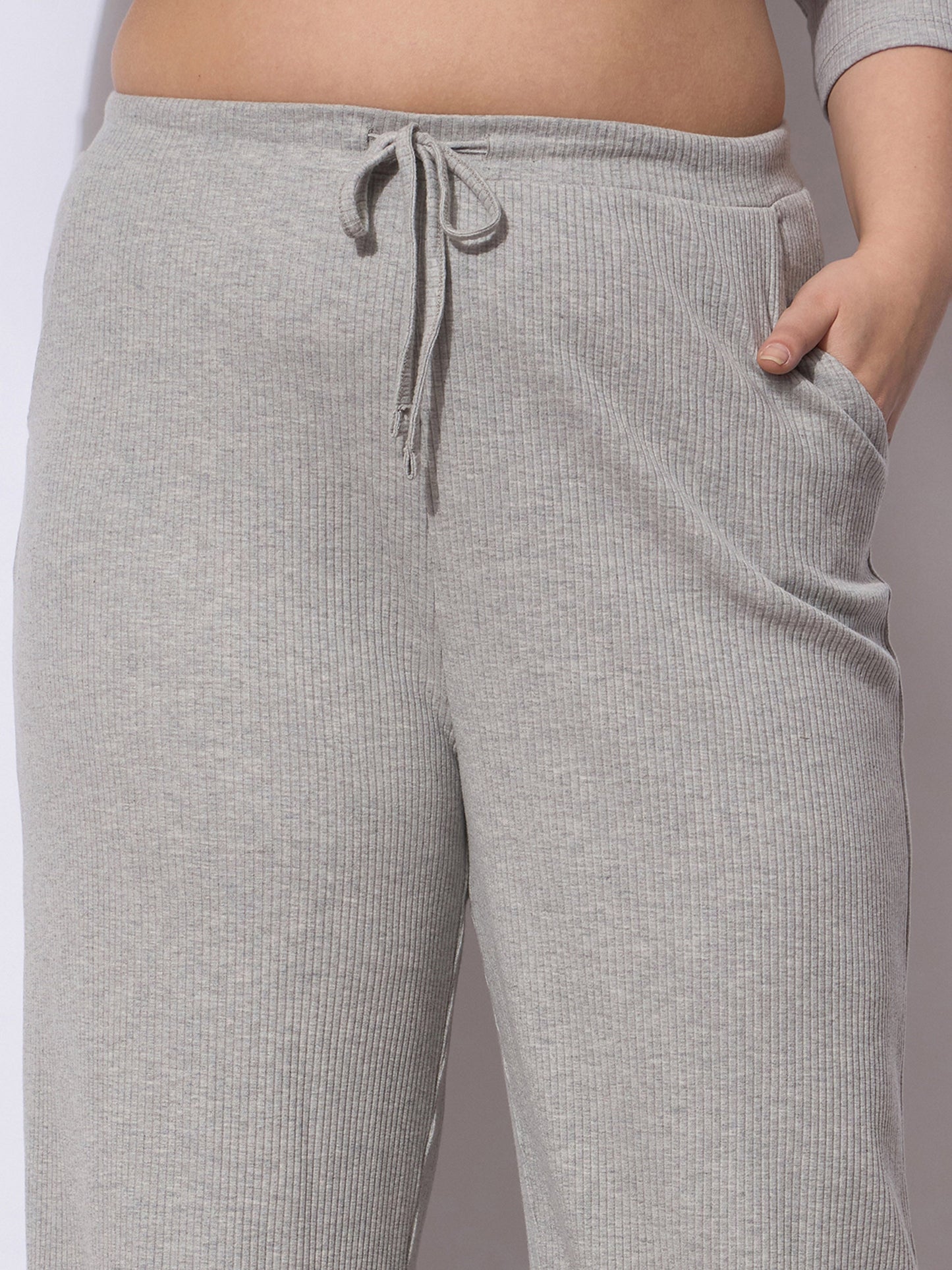Grey Rib Straight Pants With V Neck Top -SASSAFRAS Curve