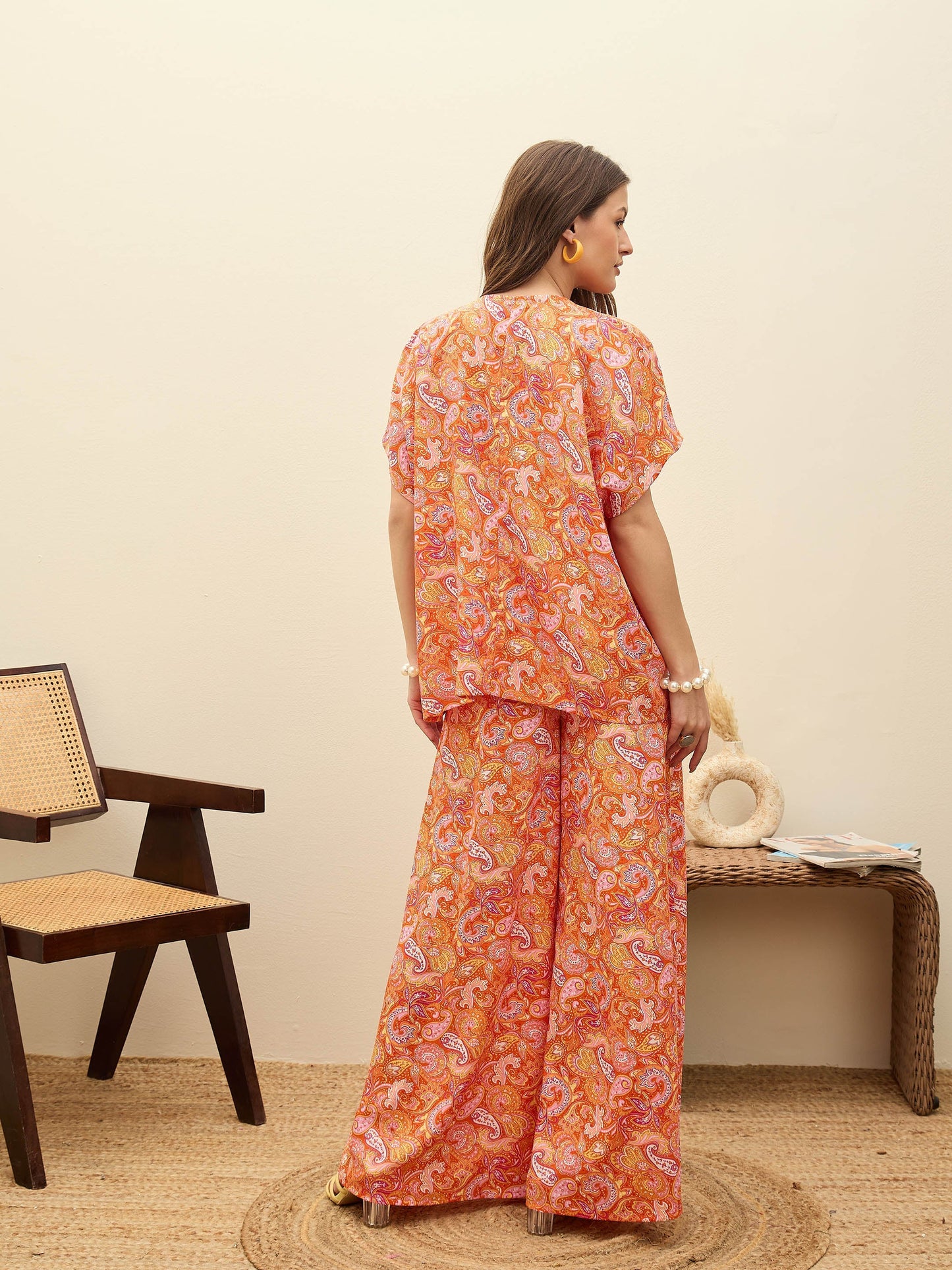 Women Orange Paisley V-Neck Top With Flared Pants